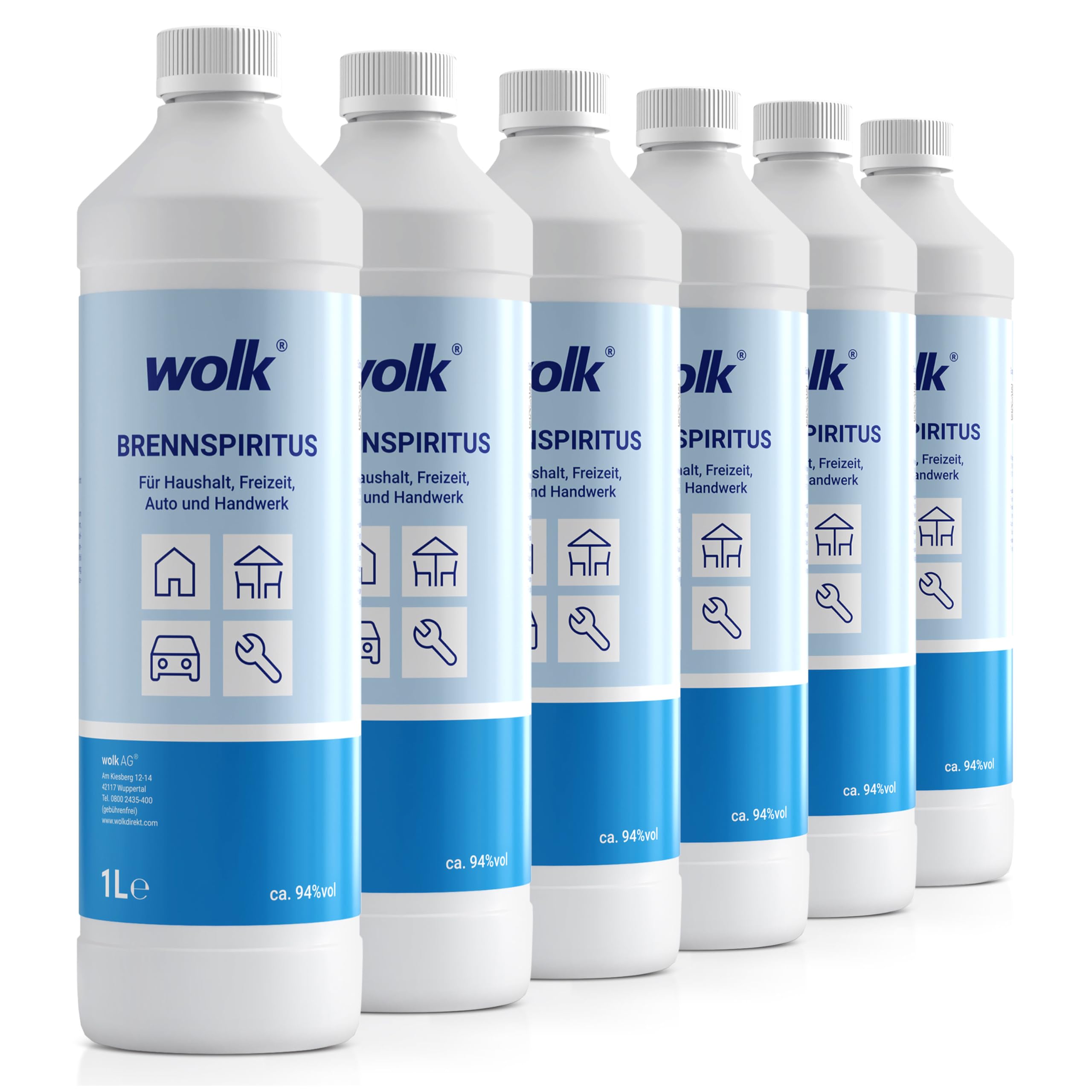 wolk Brennspiritus 6 x 1 Liter, Bioethanol 94%, Ethanol zum Reinigen | mit ca. 94 % vol. CAS-Nr. 64-17-5, UN1170. Für Haushalt, Freizeit, Auto, Handwerk und als Brennstoff.