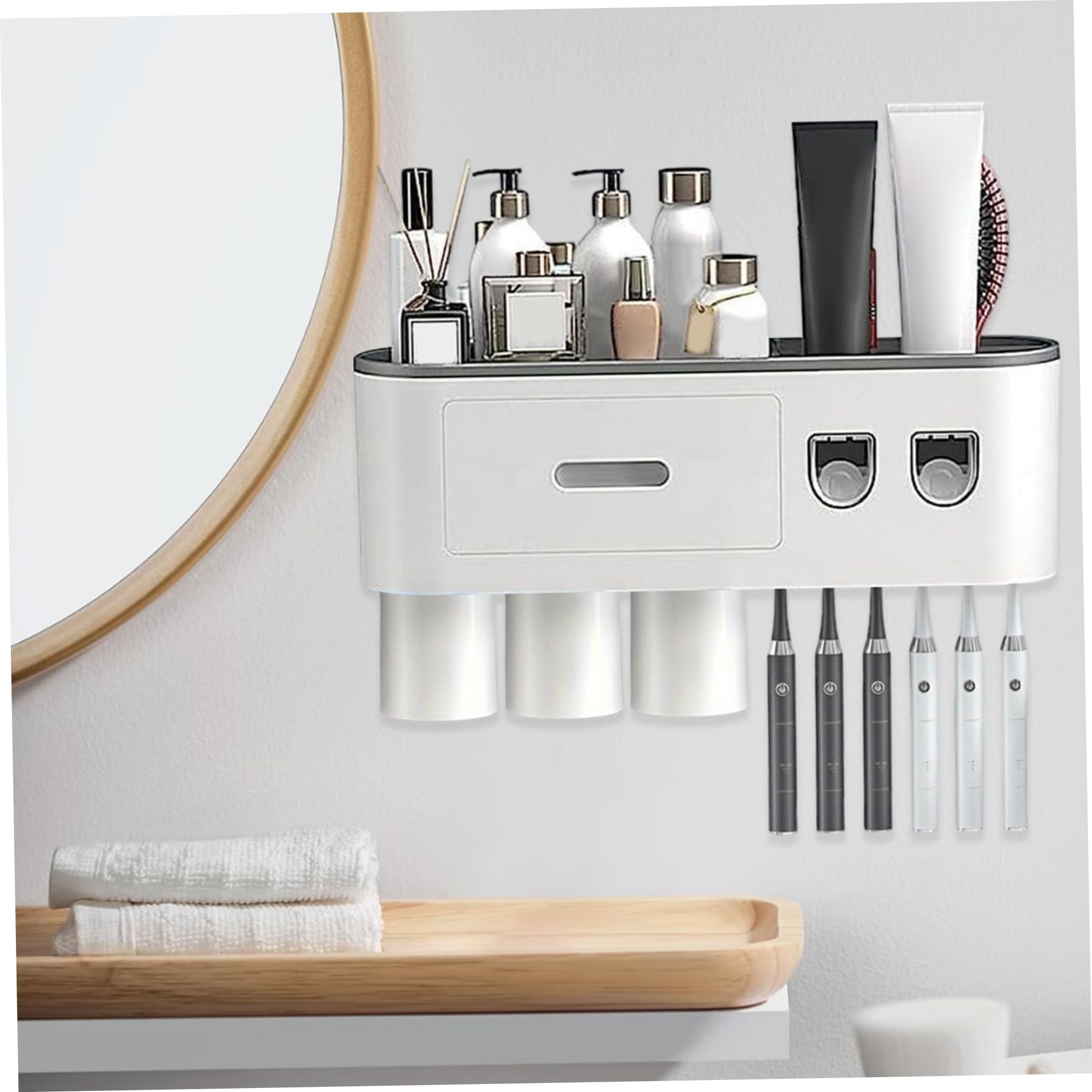 Dispensador automático de Pasta de Dientes con 3 Tazas, Soporte para cepillos de Dientes montado en la Pared, sin Taladro, Organizador de baño, Estante de Almacenamiento de ABS, Soporte Gris para
