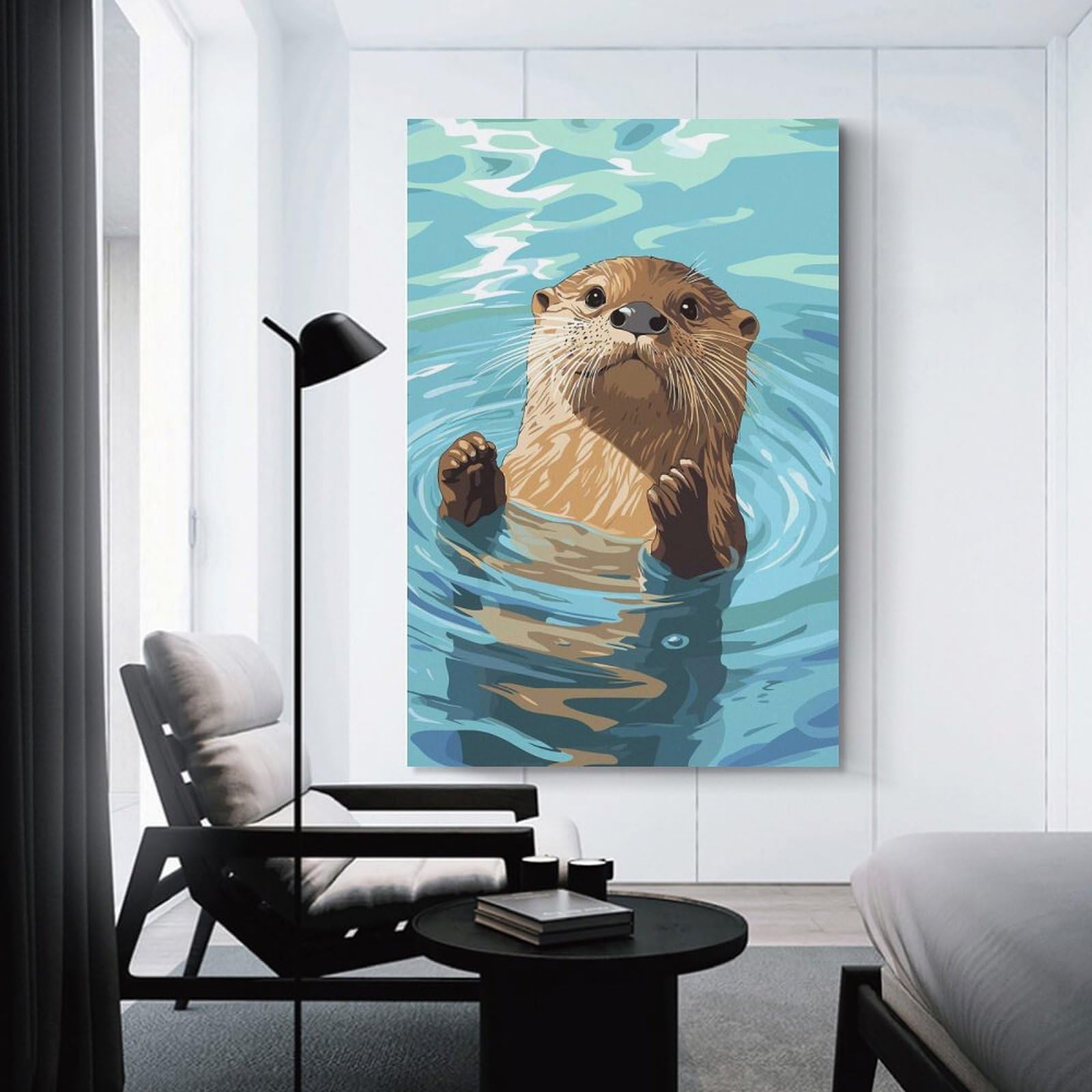 Junmoney Otter in Water Illustration Canvas Wall Art, 20x30inch(50x75cm), for Bedroom Decor, Cosy Corners Or Studios, Stylish Decor for A Restful Room Update