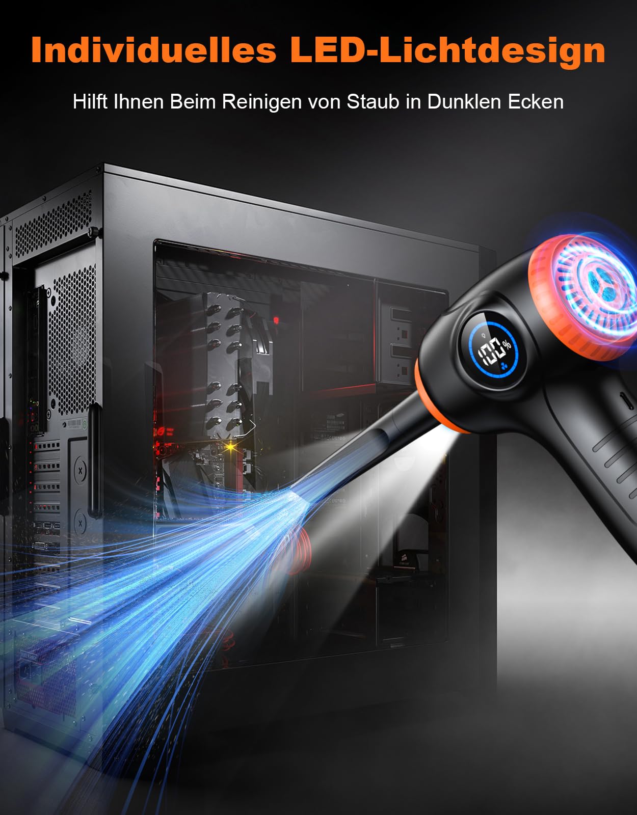 EOIWUY Elektrische Staubgebläse Druckluftspray, 3-Gang 90000 U/min PC Reinigungsset mit LED-Licht, Leistungsanzeige und 5 Austauschbare Düsen, 6000mAh Akku Air Duster für Reinigung Tastatur/Auto/Sofa