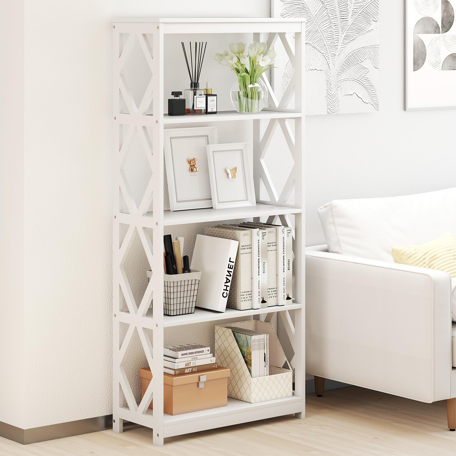 COSTWAY 5-stöckiges Bücherregal, offenes Holzregal mit rhombischer Struktur, Standregal weiß, freistehendes Aufbewahrungsregal für Küche, Wohnzimmer & Schlafzimmer, 70 x 30 x 155 cm