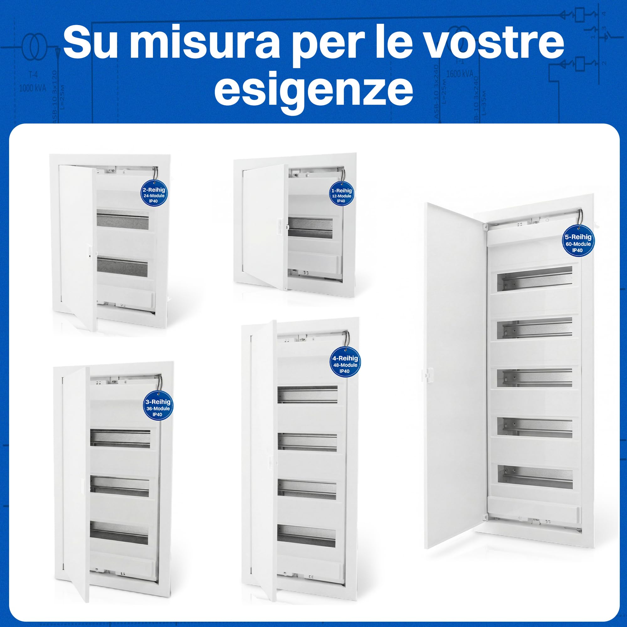 Intratec Quadro Elettrico da Incasso 5 File – Centralino di Distribuzione IP40 per 60 Moduli con Porta Metallica Bianca e Guida DIN per Impianti Elettrici Interni – 346 x 94 x 842mm