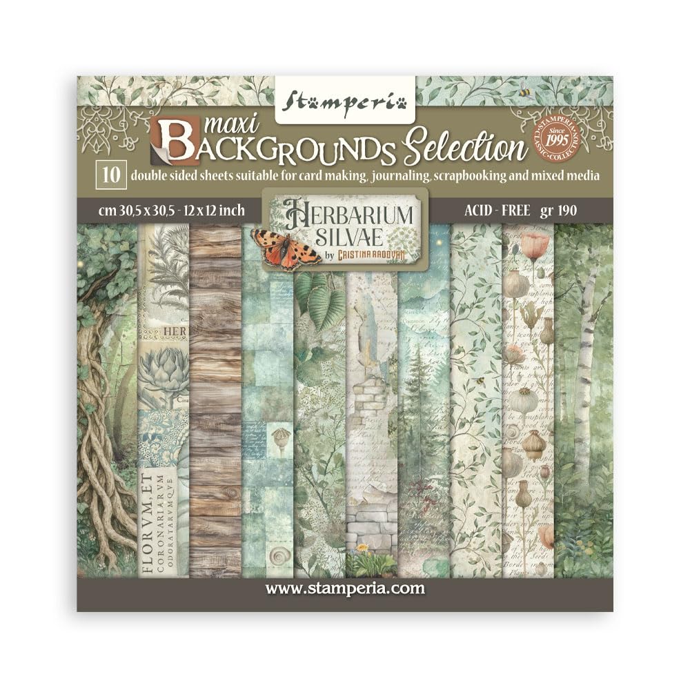 Stamperia - Scrapbook Paper Pad for Scrapbooks, Albums, Cards, Bullet Journals and More, Acid Free, Double-Sided, Perfect for Crafts and Gifting (Herbarium Silvae Background Selection) (30.5 x 30.5cm)