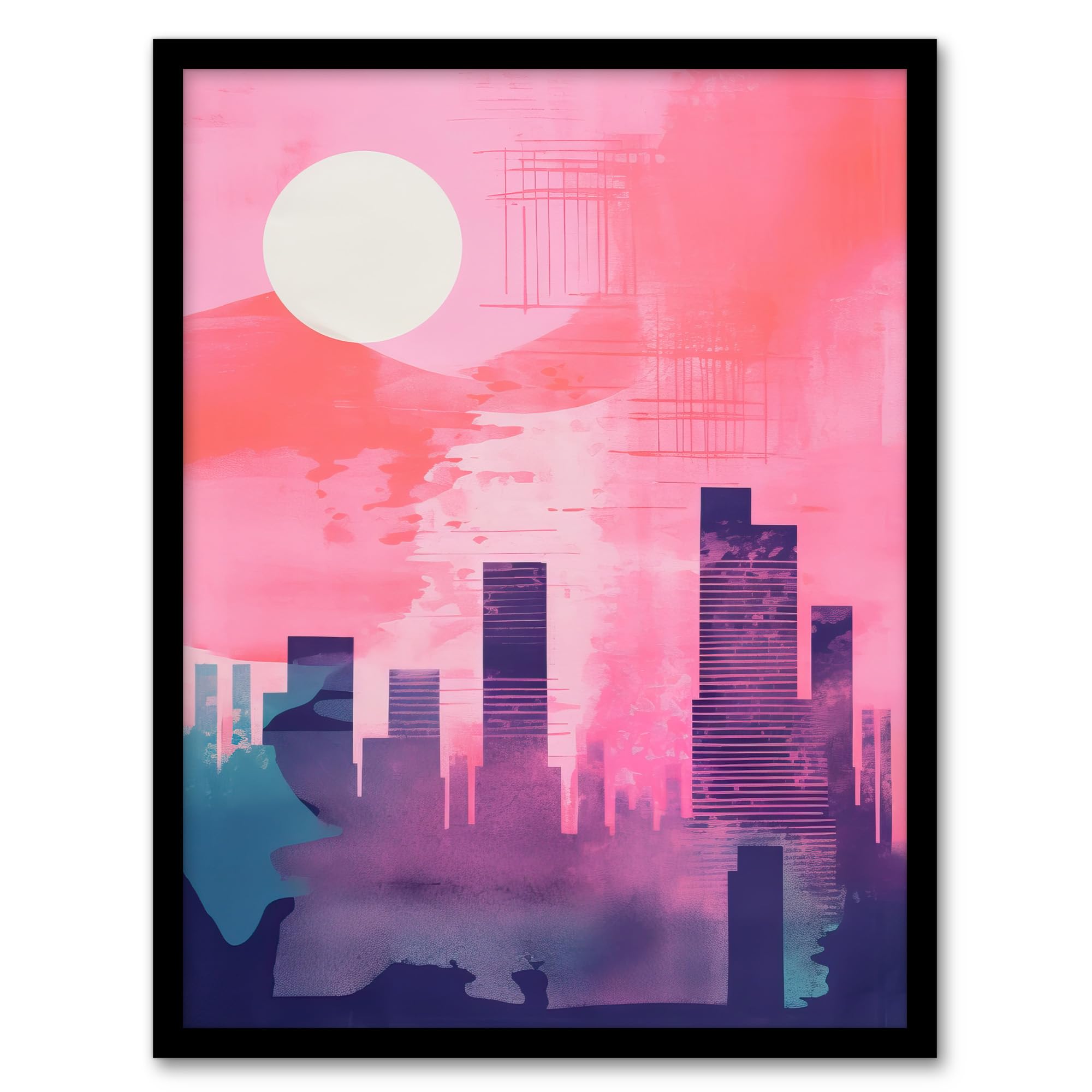 Wee Blue Coo Sunrise City Silhouette Pink Purple Blue Watercolour Painting Artwork Framed Wall Art Print A4
