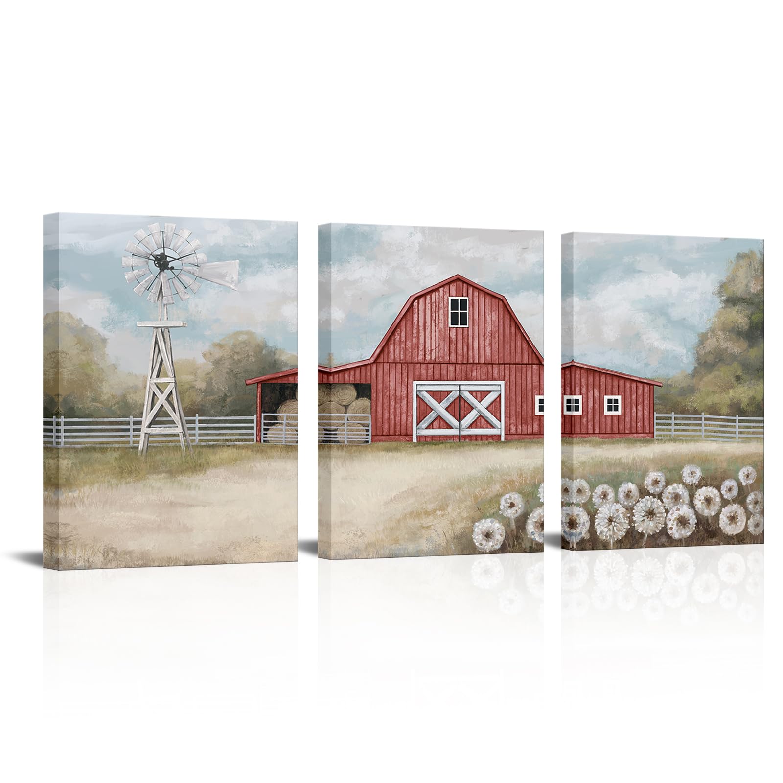 Visual Art Decor Farmhouse Wall Art Country Barn Windmill Painting Wall Decor Framed Artwork Farmhouse Landscape Wall Decor (Red)
