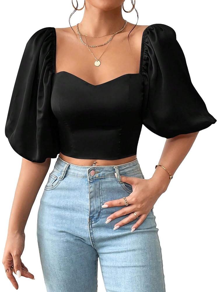 トップス WAIST SHAPE PUFF SLEEVE TOPS BLACK 1 Black Smocking Puff Sleeve Top