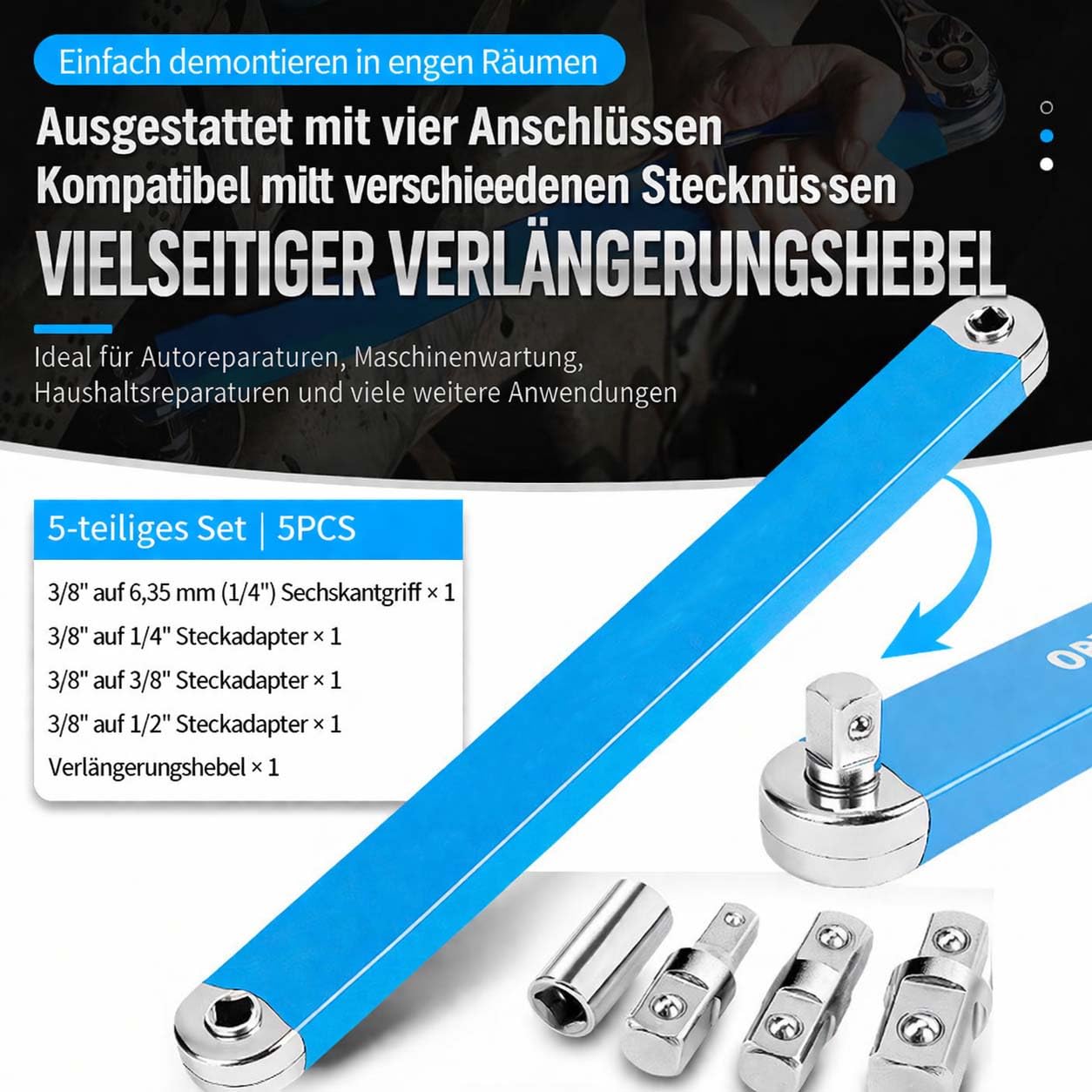 DZ'HUE Schraubwerk -Offset Schlussel, 39 m (15 Inch) Ratchet Extension With Chain Drive, Includes 1/4 Inch, 3/8 Inch & 1/2 Inch Adapter Torque For Versteckte Schraube In The Car Engine (1pcs)