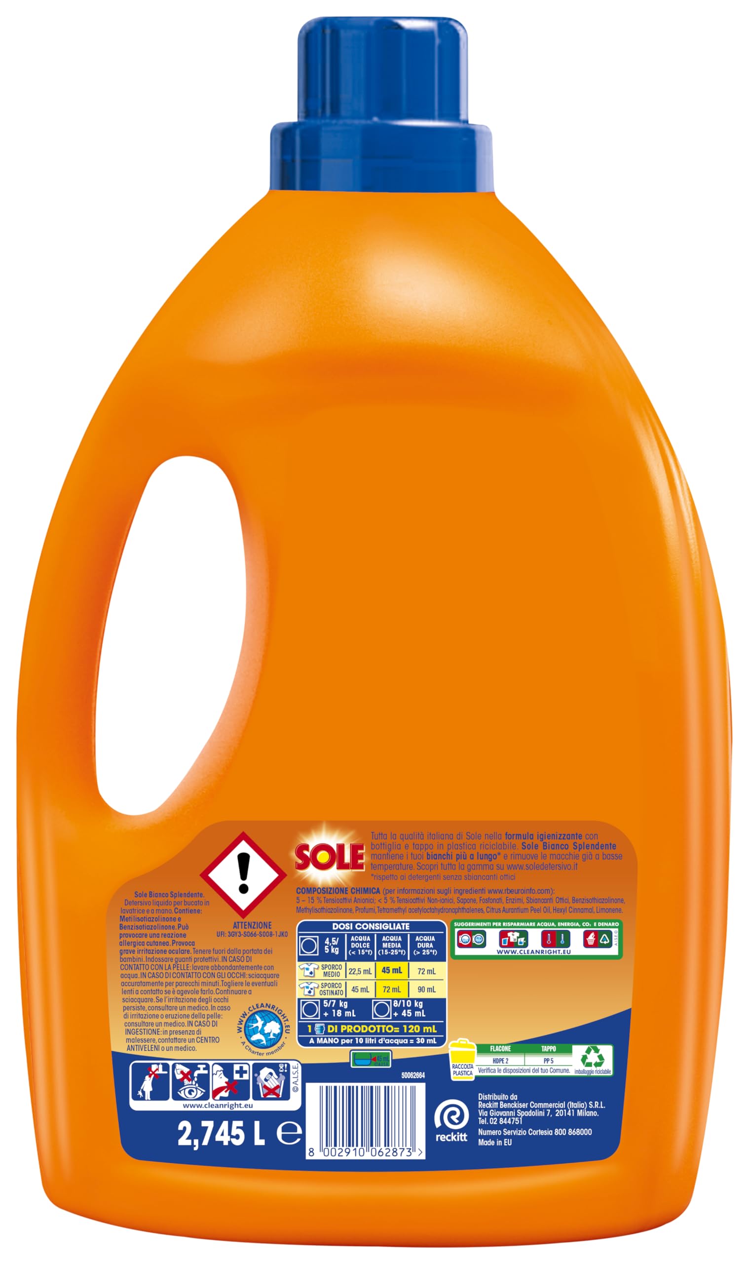 Sole Detersivo Lavatrice Bianco splendente 183 Lavaggi, Formula igienizzante, Detersivo Lavatrice Liquido Bianco Splendente, rimuove le macchie a basse temperature