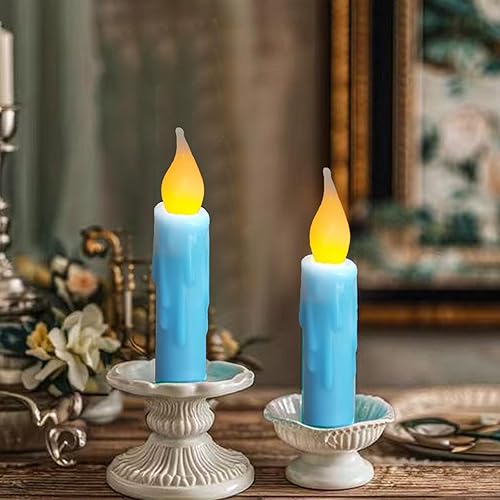 Miniatura 9 de Velas cónicas cortas a batería, llama parpadeante, vela cónica sin llama de cera real primitiva, vela corta con temporizador, vela LED borgoña de