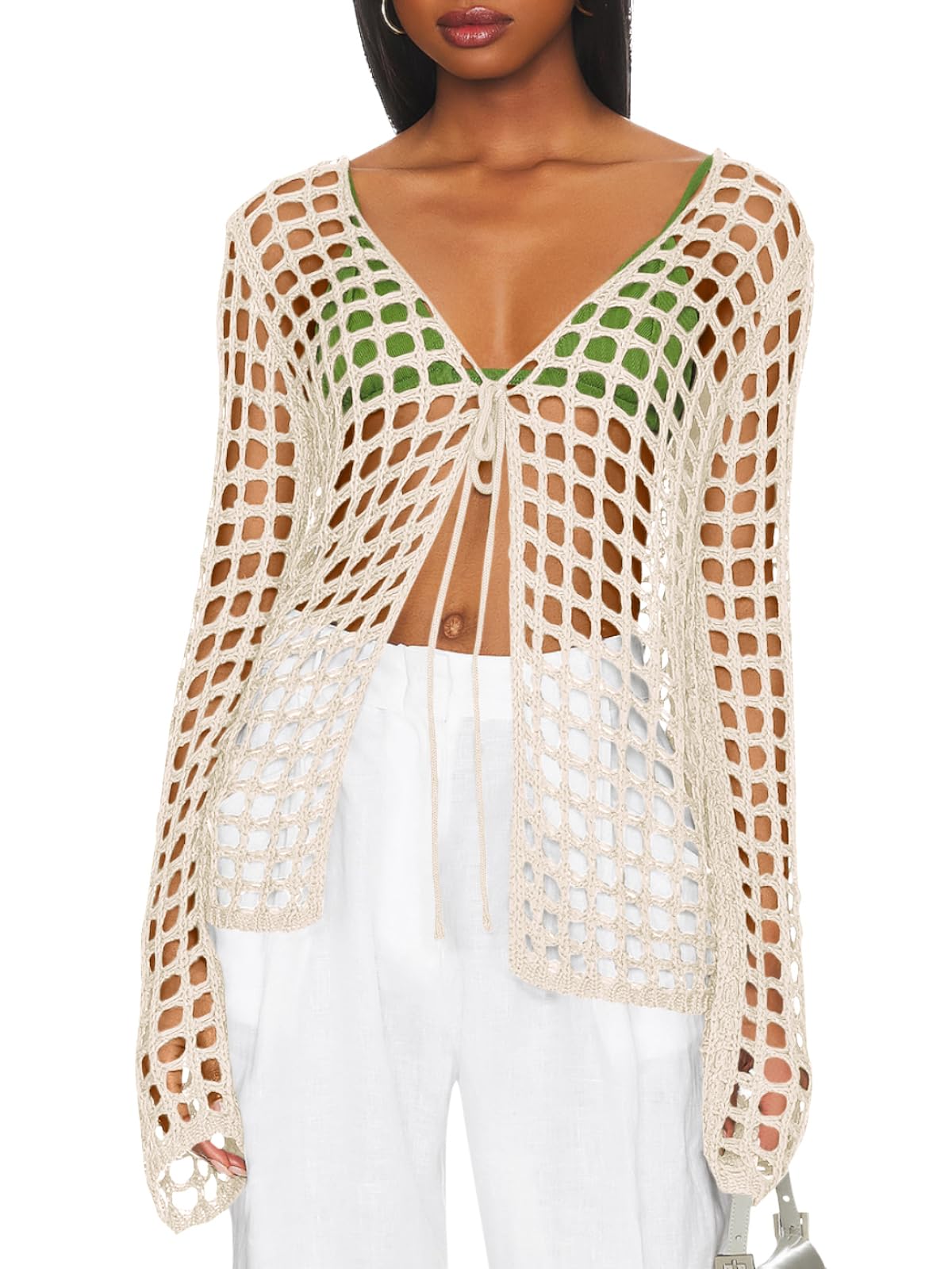 Saodimallsu Womens Long Sleeve Swimsuit Coverup Crochet Hollow Out Tie Front Swim Cover Up Knit Cardigan