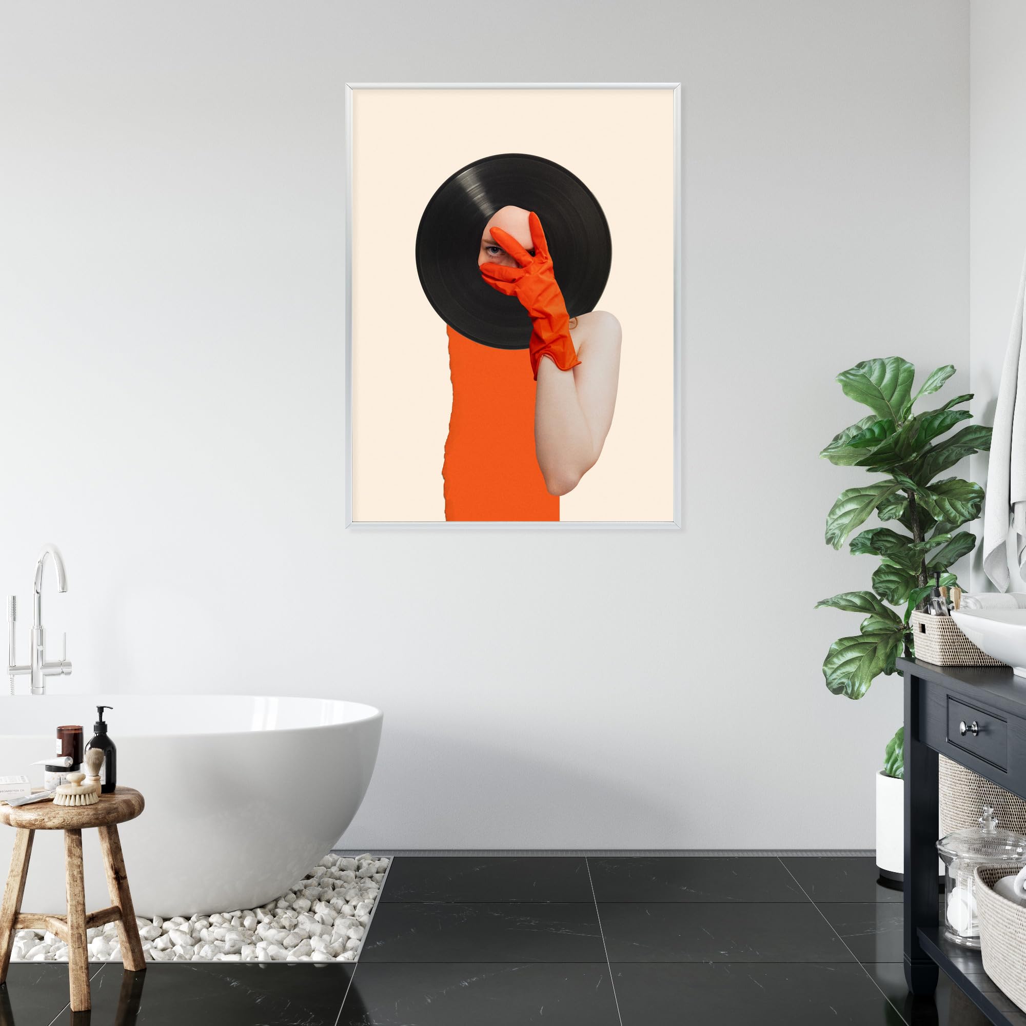 WALLERO Poster Spirito musicale su disco in collage pop art con Cornice in Alluminio Argentata – Decorazione Moderna da Parete e Stampa Artistica | Decorazione per Soggiorno, Camera da Letto 30x40