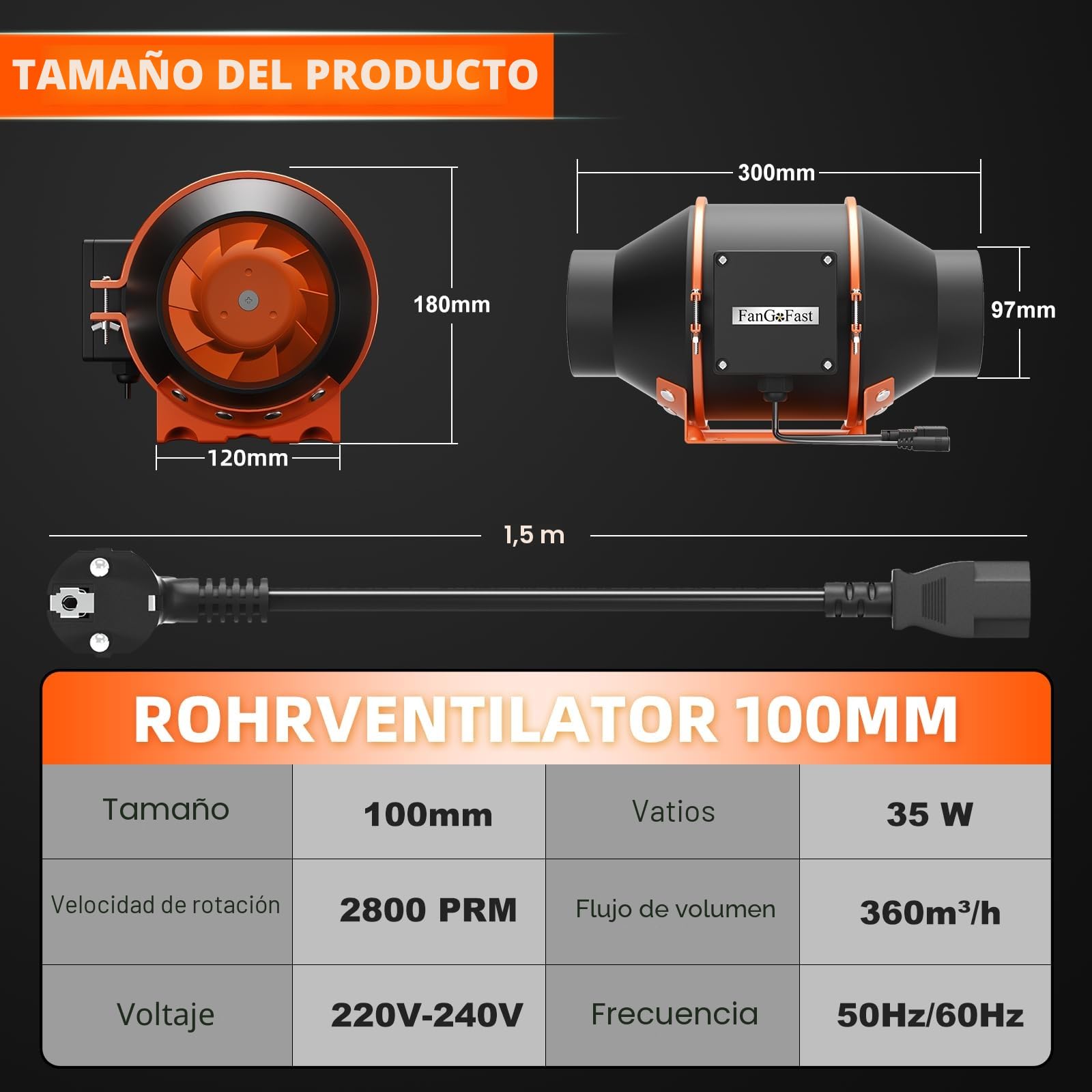 FanGoFast Extractor de Aire 100mm Regulable, 360 m³/h En Línea Ventilador Extractor de Conducto con enchufe IEC para Baño, Booster, tienda de cultivo, Garage, Cucina