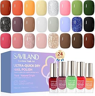 SAVILAND Color Artistry Fall Nail Polish Set: Quick Dry 24 Color Regular Nail Polish Kit Orange Red Brown Glitter Finger Bulk Fingernail Polish Set Non Gel Castor Oil Vitamin E Nail Lacquer Women Home