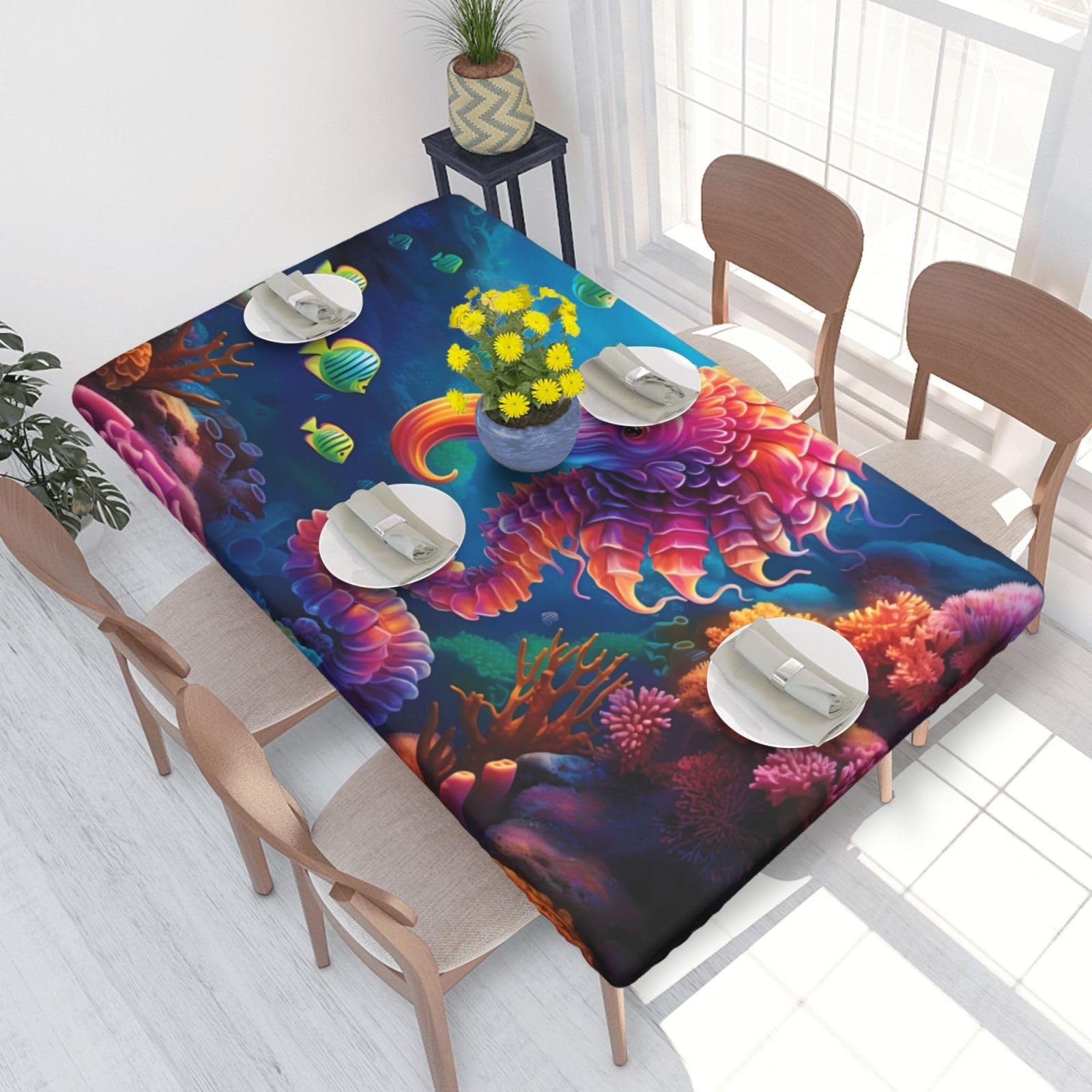 Cute Dolphin Waterproof Square Table Cover Elastic Fitted Tablecloth Oil Proof Table Protector For 4ft Table
