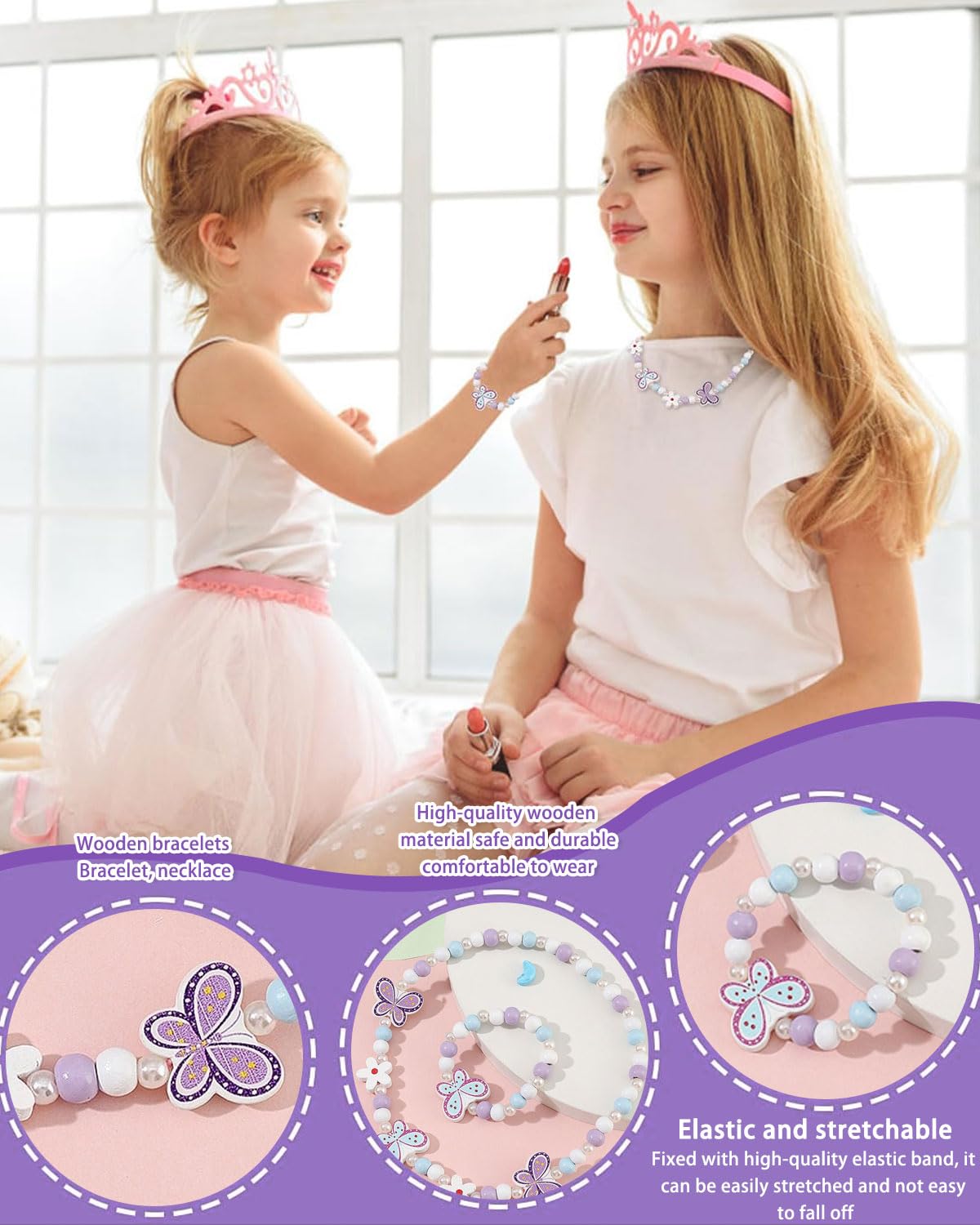 2 Teiliges Kinderschmuck Set Holz Halskette und Armband für Kinder Schmuck Set Kette,Niedliche Schleifenarmbänder, Kinderschmuck Aus Holz, Schmuckset Für Mädchen