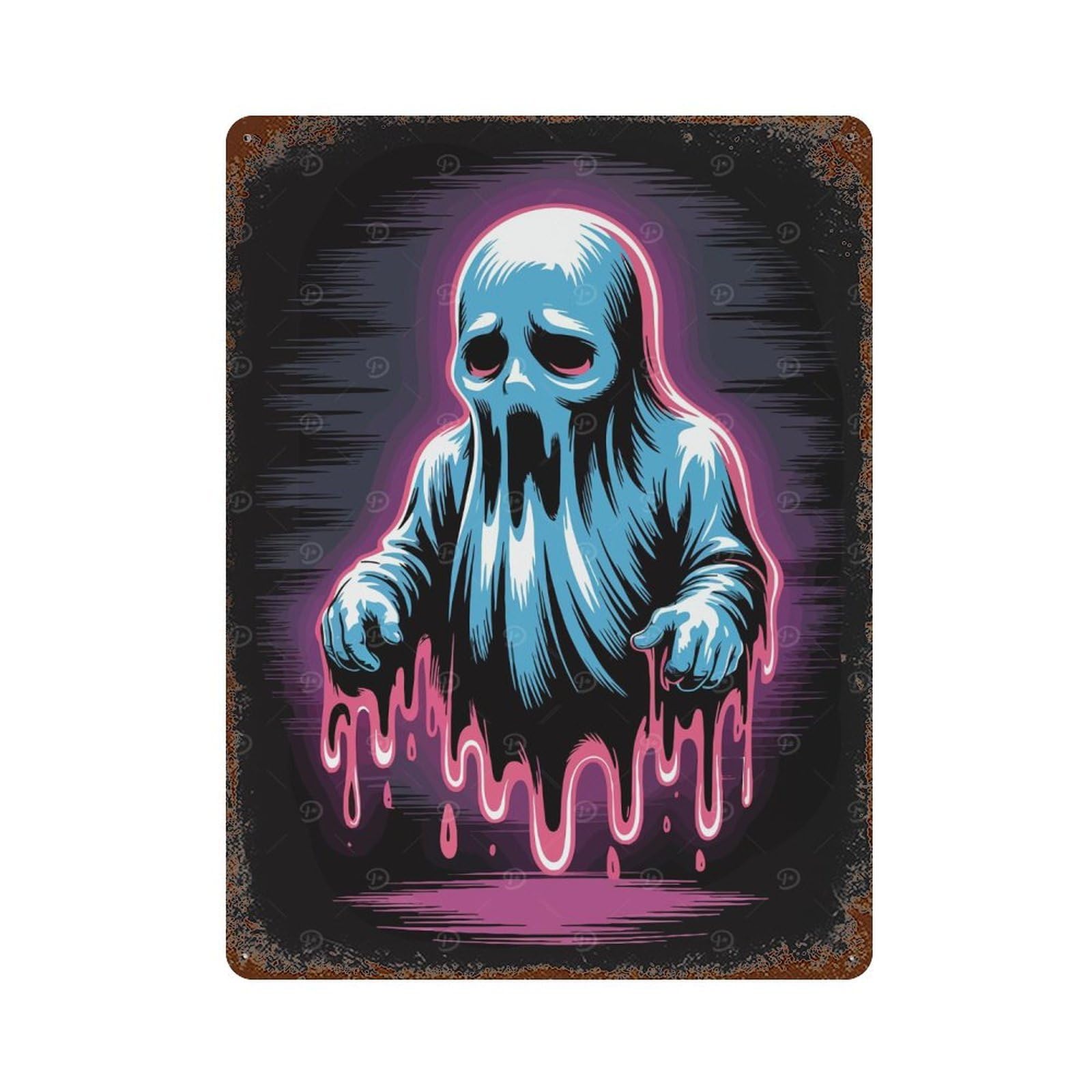 Sad Blue Ghost with Pink Drips Vintage Metal Tin Sign 15.7"x11.8", for Garage, Bar And Workshop Decor, Old School Wall Decor