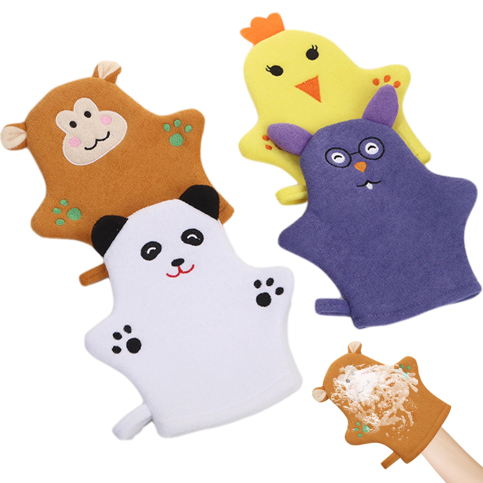 4Pcs Baby Washcloths Gloves, Cute Animal Glove Body Scrubber Includes Cartoon Bear, Chick, Monkey, Mouse Kids Exfoliating Glove for Baby Toddler Kids Bath and Shower, Decoración de jardín