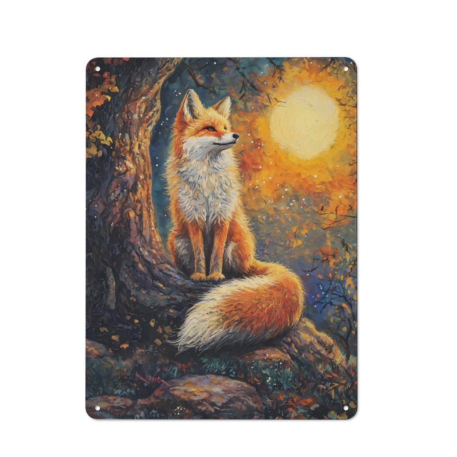 Vintage Metal Sign with Fox Under Full Moon Design 40x30cm, Vintage Bar Wall Plaque for Cafe, Pub, Workshop Or Home Bar