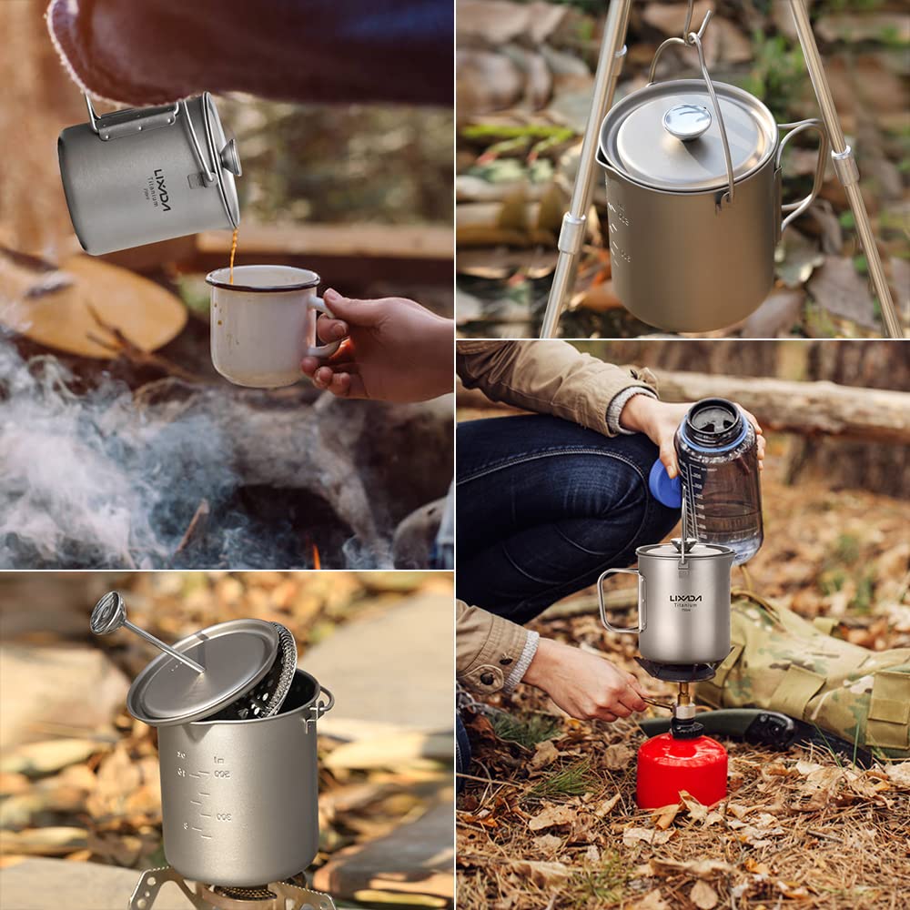 Lixada Taza de Café de Titanio de 750 ml Camping Taza de Titanio Cafetera de Prensa Francesa con Tapa Olla de Cocina para Acampar al Aire Libre