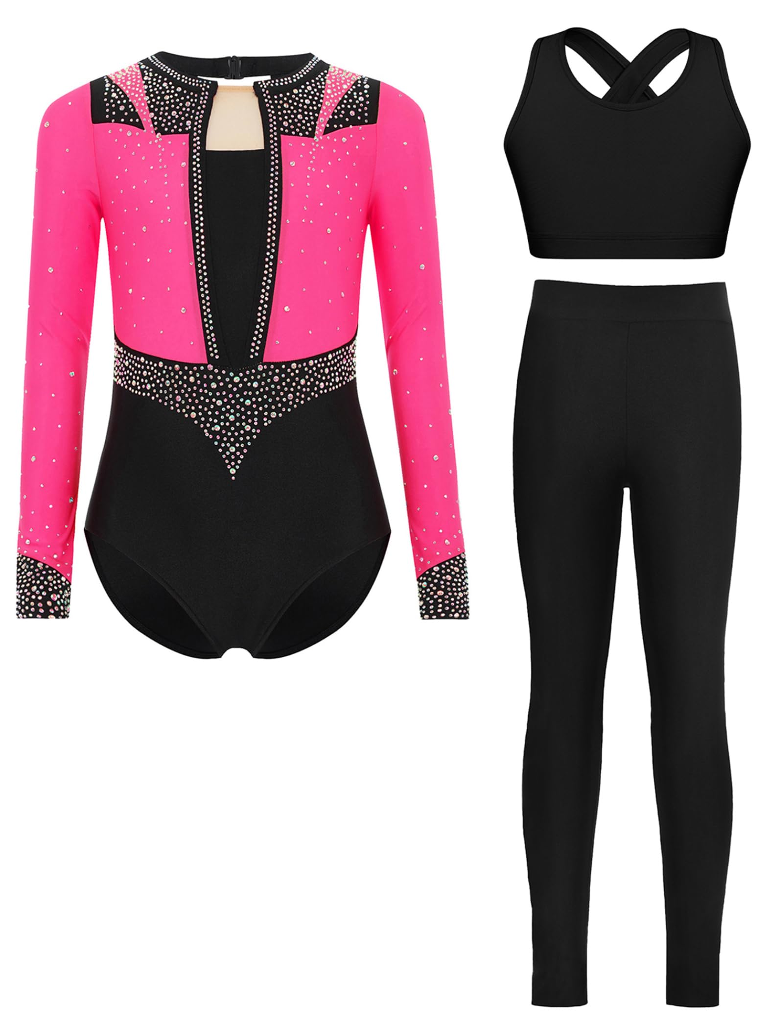 Piezas De Traje De Gimnasia Con Destellos Para Niñas Leotardos De Gimnasia De Manga Larga Tops De Deporte Brasier Y Pantalones Traje De Baile Para Rosa oscuro 15-16 años