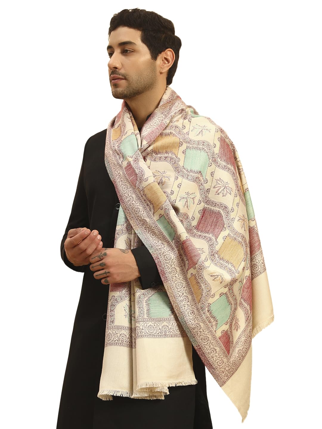 pashmoda Men Floral Geometry Kaani Stole, Authentic Kashmiri Luxury Pashmina Style Shawl, Stole, Small Size Gents Lohi, (Size 28x80 Inches)-picture-36
