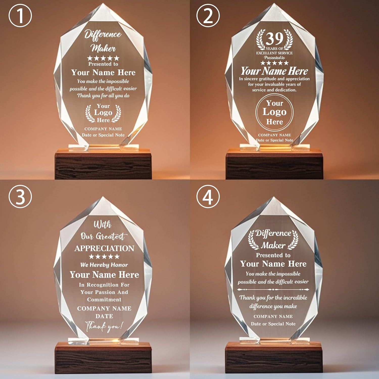 Custom Crystal Trophy Award with Wood Base, Personalized Engraved Text and Logo on Glass Plaque, Appreciation Gift for Employees, Boss, Manager, Retirement, Sports Recognition
