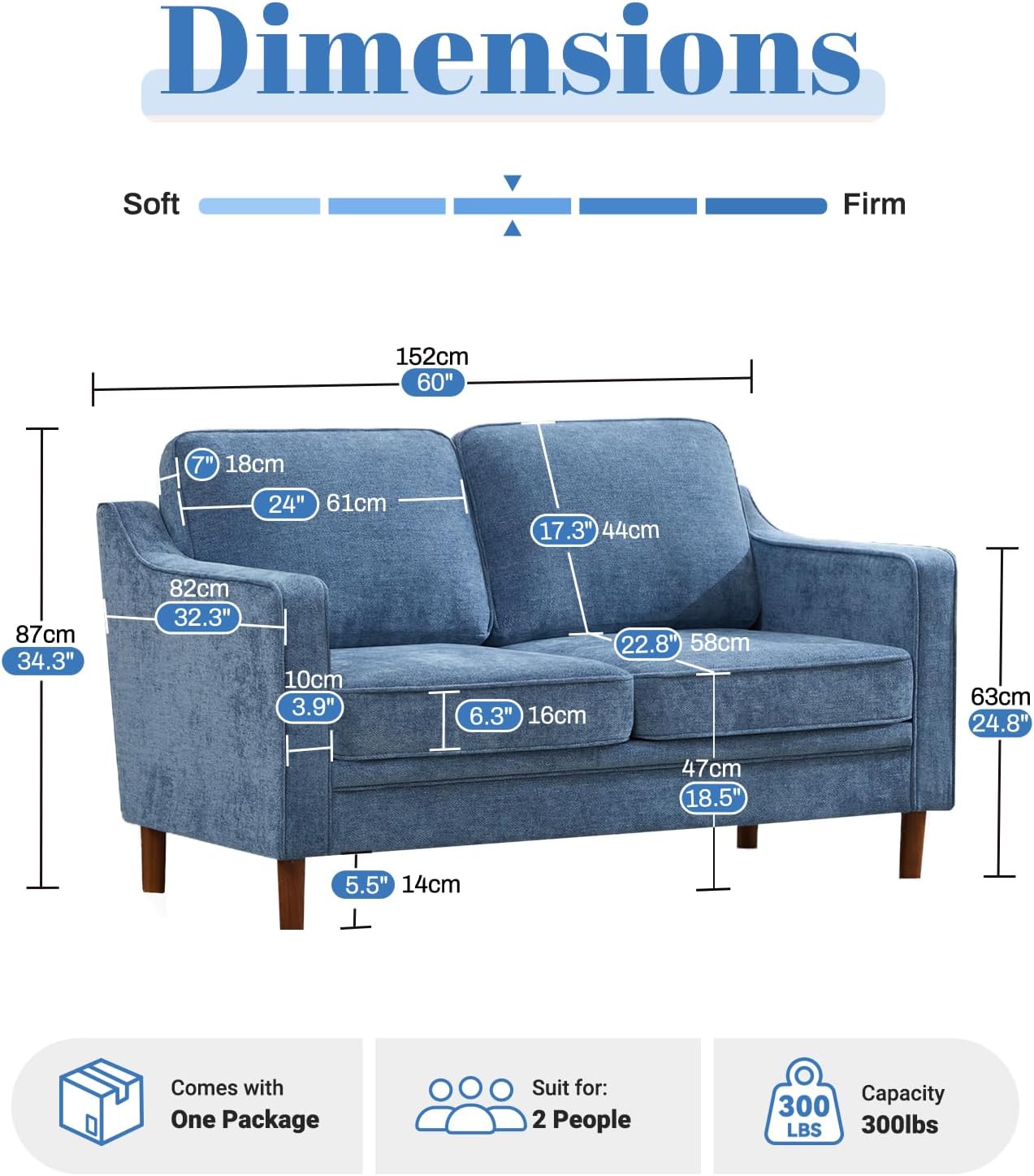 Kingfun 56" Chenille Sofa, Loveseat Couch, Mid Century Modern Love Seat Couches with Solid Wood Frame for Living Room & Bedroom, Light Blue