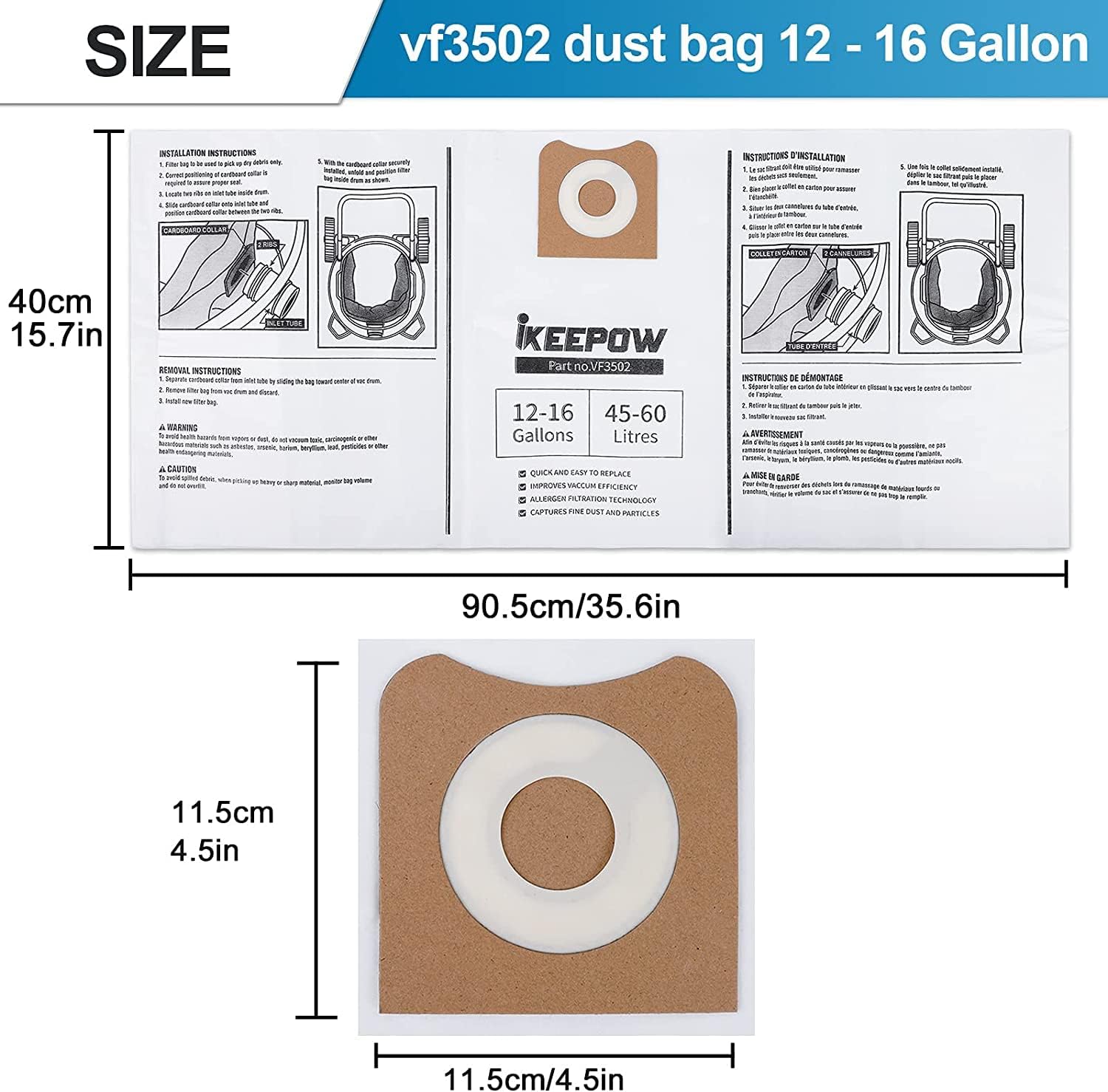 15 Pack VF3502 Shop Vac Bags, Compatible with Ridgid & Craftsman Vacuum 12-16 Gallon, Replacement Fiter Bags, 23743 VF3502 High Efficiency Dust Bags