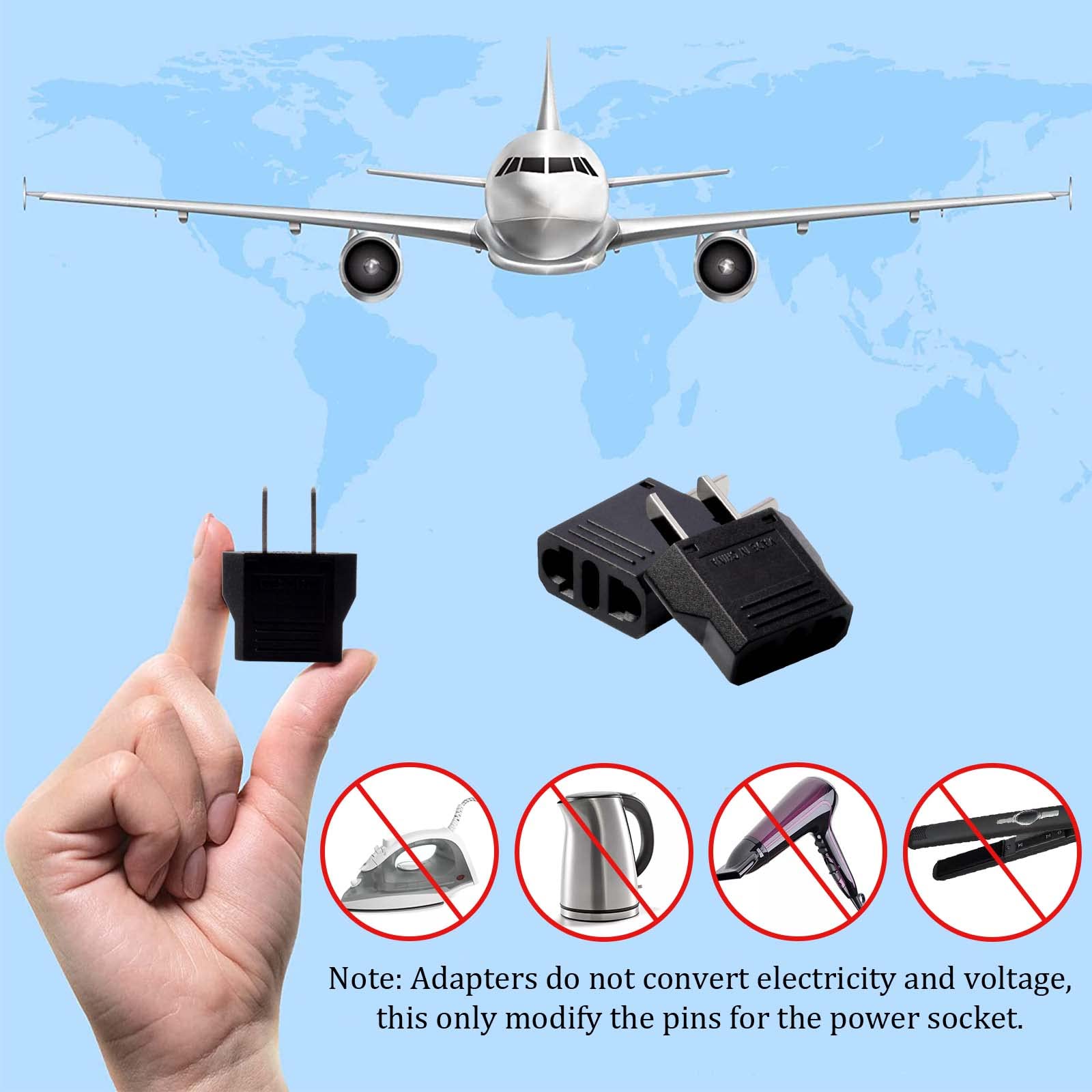 8-Pack European To US Travel Plug Adapters - Universal Power Jack For Europe, Asia To USA/Canada/Mexico, Black