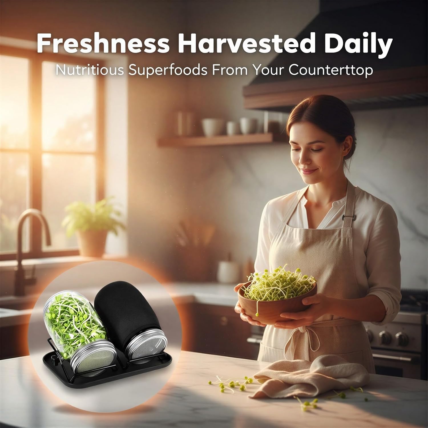 Double Sprouting Kit, Including 32 oz Wide Glass Mason Jars, Stainless Steel Screen Lids, Iron Tilt Stand, Drip Tray, Light Block Sleeves & Cleaning Brush, for Broccoli, Alfalfa, Bean Sprout Growing