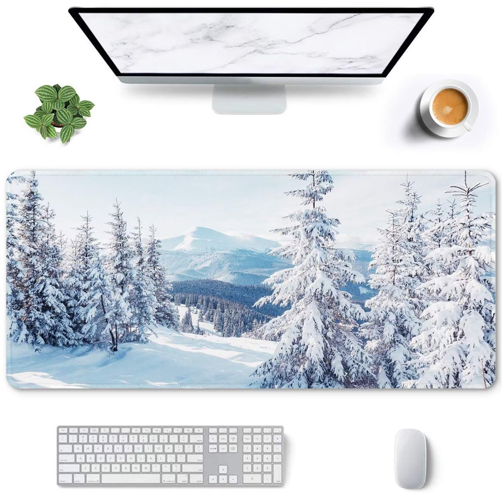 Podkładka pod mysz, Mata górska Winter Woods z obszytymi krawędziami, podkładka pod klawiaturę i mysz antypoślizgową podstawą do gier pracy w domu biurze(900x400x3mm)