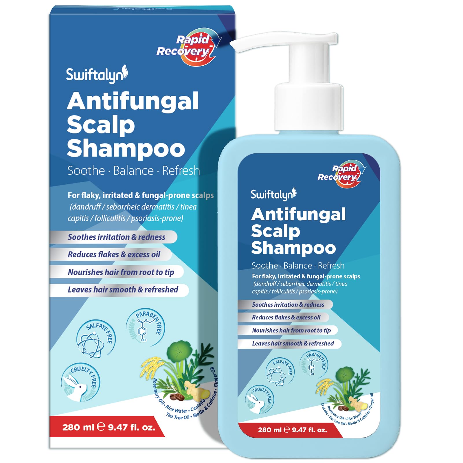 Seborrheic Dermatitis & Folliculitis Scalp Shampoo: For Scalp Prone to Dandruff & Psoriasis – Soothes Itchy, Flaky Scalp – with Tea Tree, Rosemary, Biotin & Caffeine – Sulphate-Free 280ml