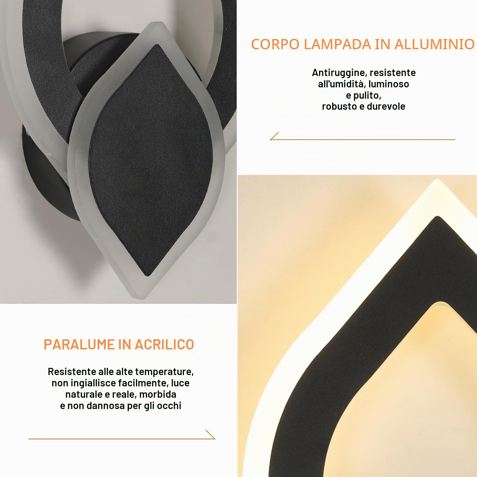Applique da Parete Interno LED Nero, 2 Pezzi 16W 1800LM Lampada da Parete Camera da Letto, Lampada LED da Muro Moderno Cucina per Bagno Soggiorno Scale Corridoio, Luce Bianca Calda 3000K