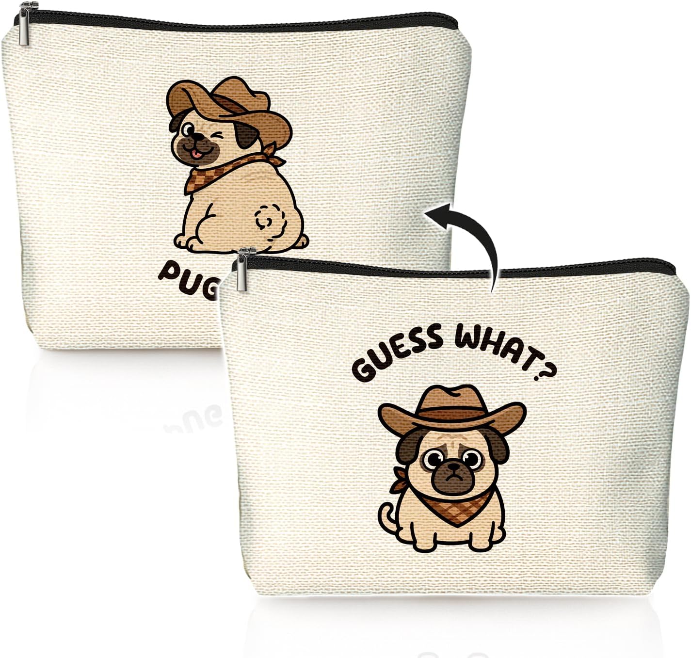 Funny Pug Makeup Bag, Pug Lovers Gifts for Women Cosmetic Bag, Dog Mom Lovers Gifts for Women, Funny Western Cowboy Dog Small Toiletry Bags Zipper Makeup Pouch