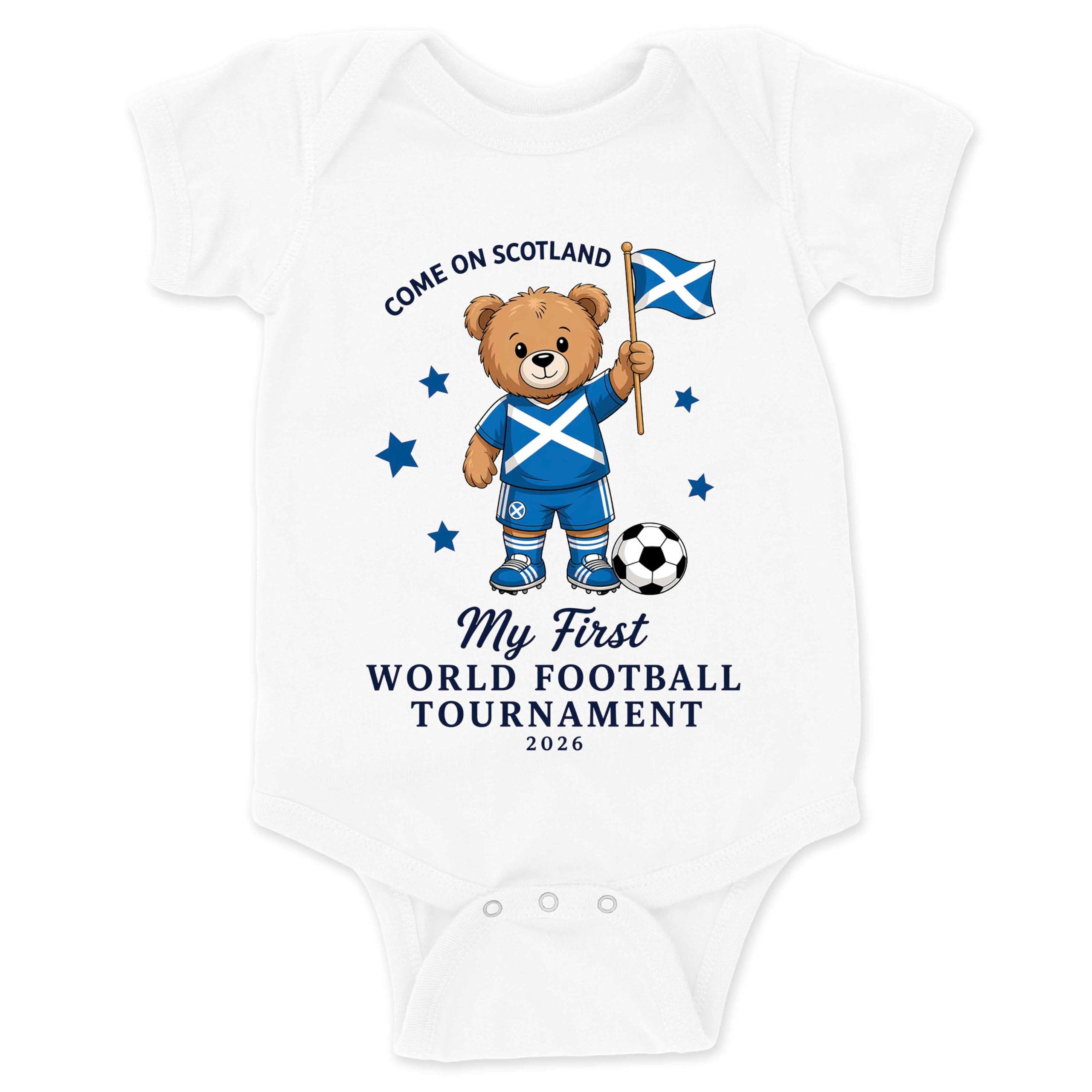 FULLY MERCHED Come On Scotland My First World Football Tournament 2026 BabyVest Cute Teddy Bear Saltire Flag Outfit, Keepsake Gift White 0-3 Month