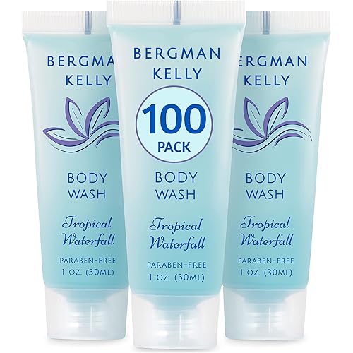 BERGMAN KELLY Travel Size Body Wash (1 fl oz, 100 PK, Tropical Waterfall), Delight Your Guests with an Invigorating and Refreshing Hotel Body Wash, Mini and Small Size Guest Hotel Toiletries in Bulk