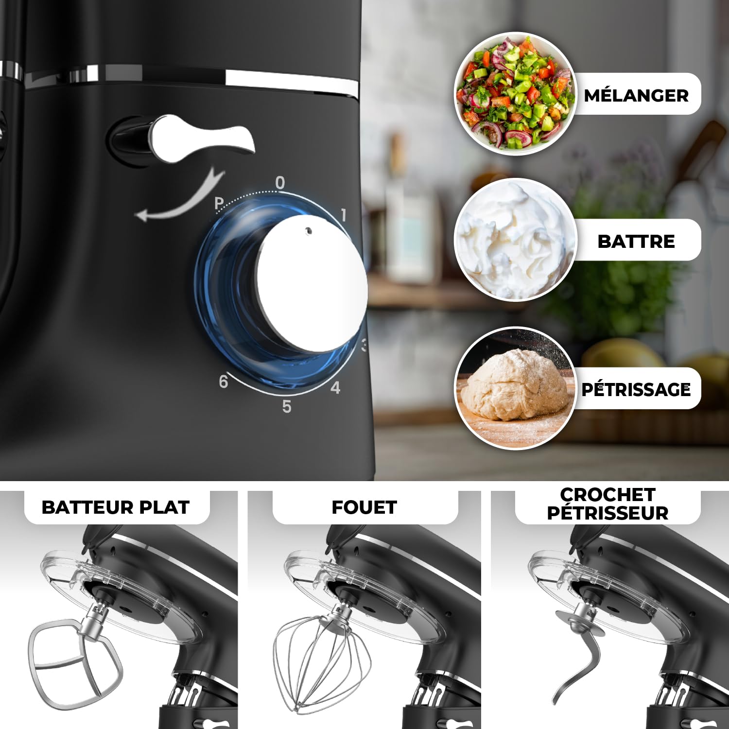 Robot Pâtissier avec Machine a Pates Fraiche – 2000W – Robot Cuisine avec Machine a Pate – Laminoir a Pate - 6,2L Bol Mélangeur (Noir)