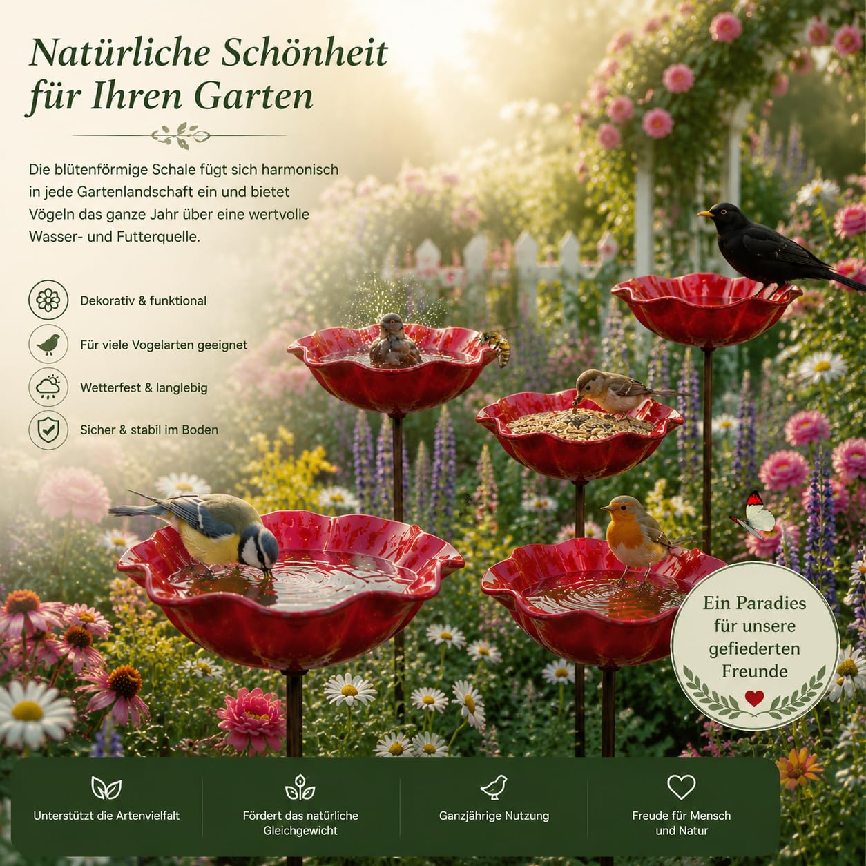 Vogeltränke Blume & Bienentränke aus Metall – Winterfest, Blumenform Gartenstecker, Wasser- & Futterstation für Vögel, Bienen & Schmetterlinge, Gartendeko Gartenstecker für Blumenbeet (4 IN 1)