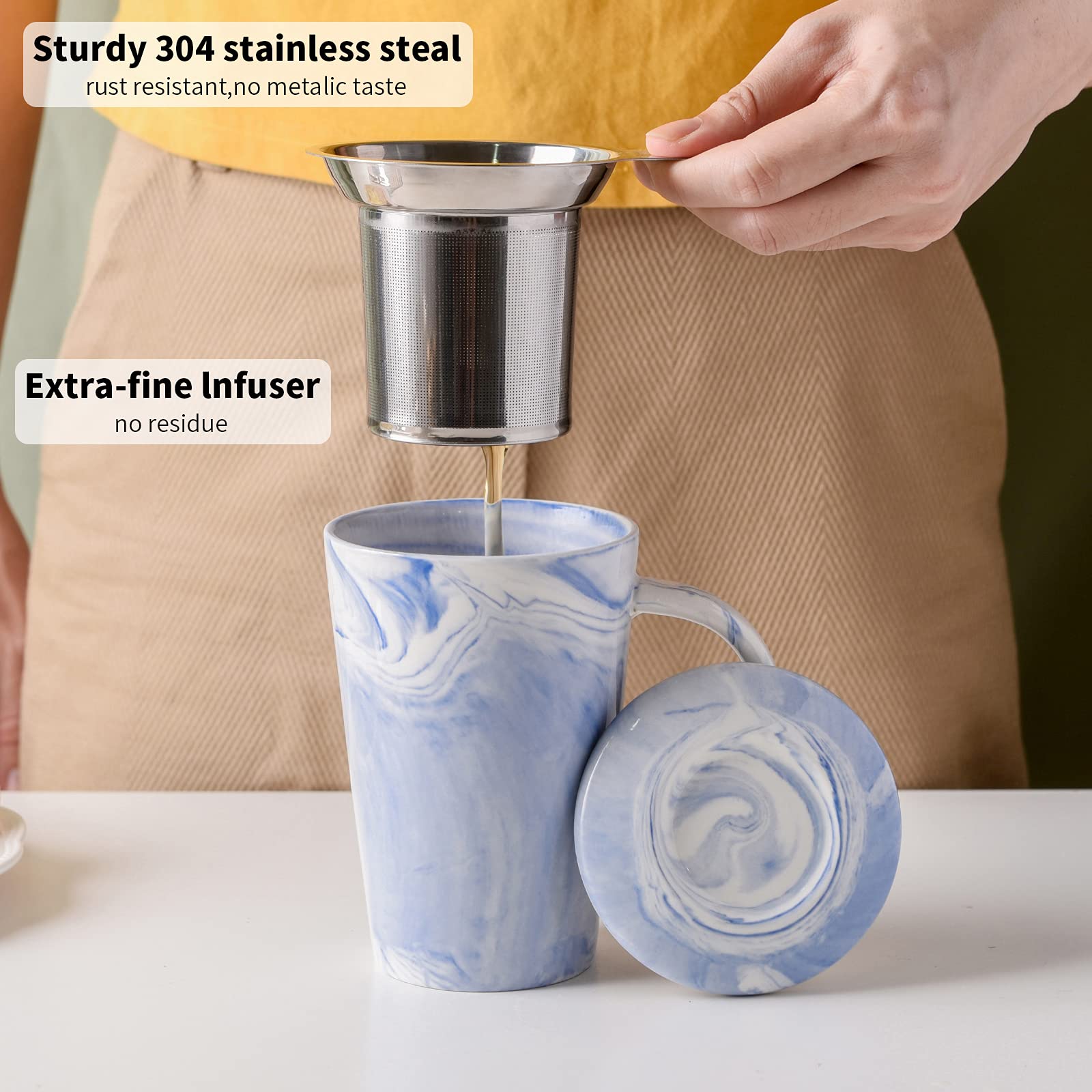 Tasse à Thé En Céramique Violette Avec Infuseur Et Couvercle - 470 Ml | Marbrée | Idée Cadeau élégante - 11