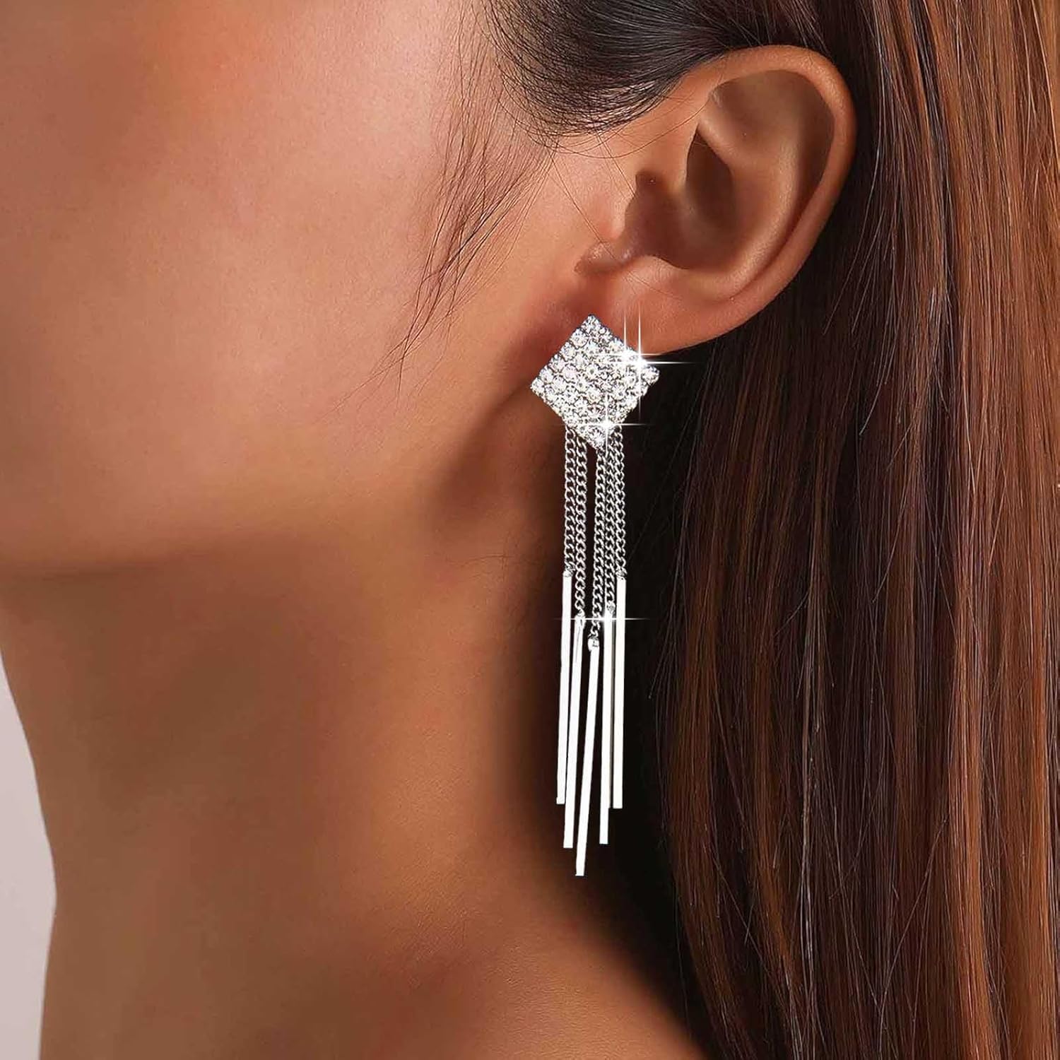 Silver Rhinestone Tassel Dangle Earrings Vertical Bar Tassel Earrings Long Chain Fringe Earrings Square Crystal Earrings Metal Chain Drop Earrings Jewelry for Women - Image 5