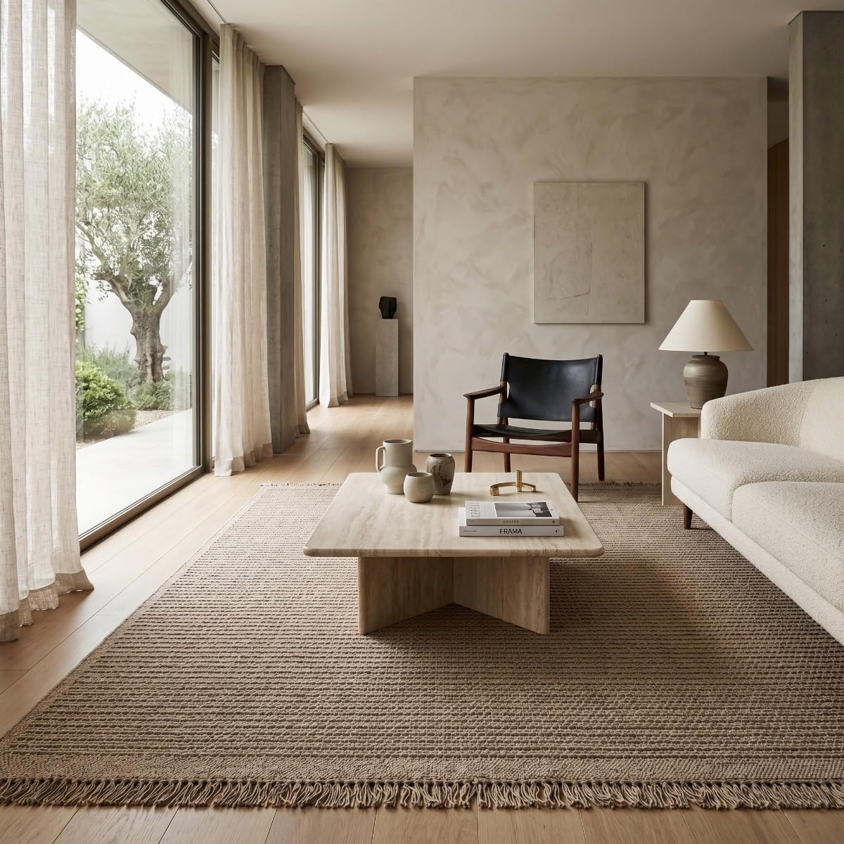 Tapis en jute artisanal à franges beige naturel 120x160 - style bohème