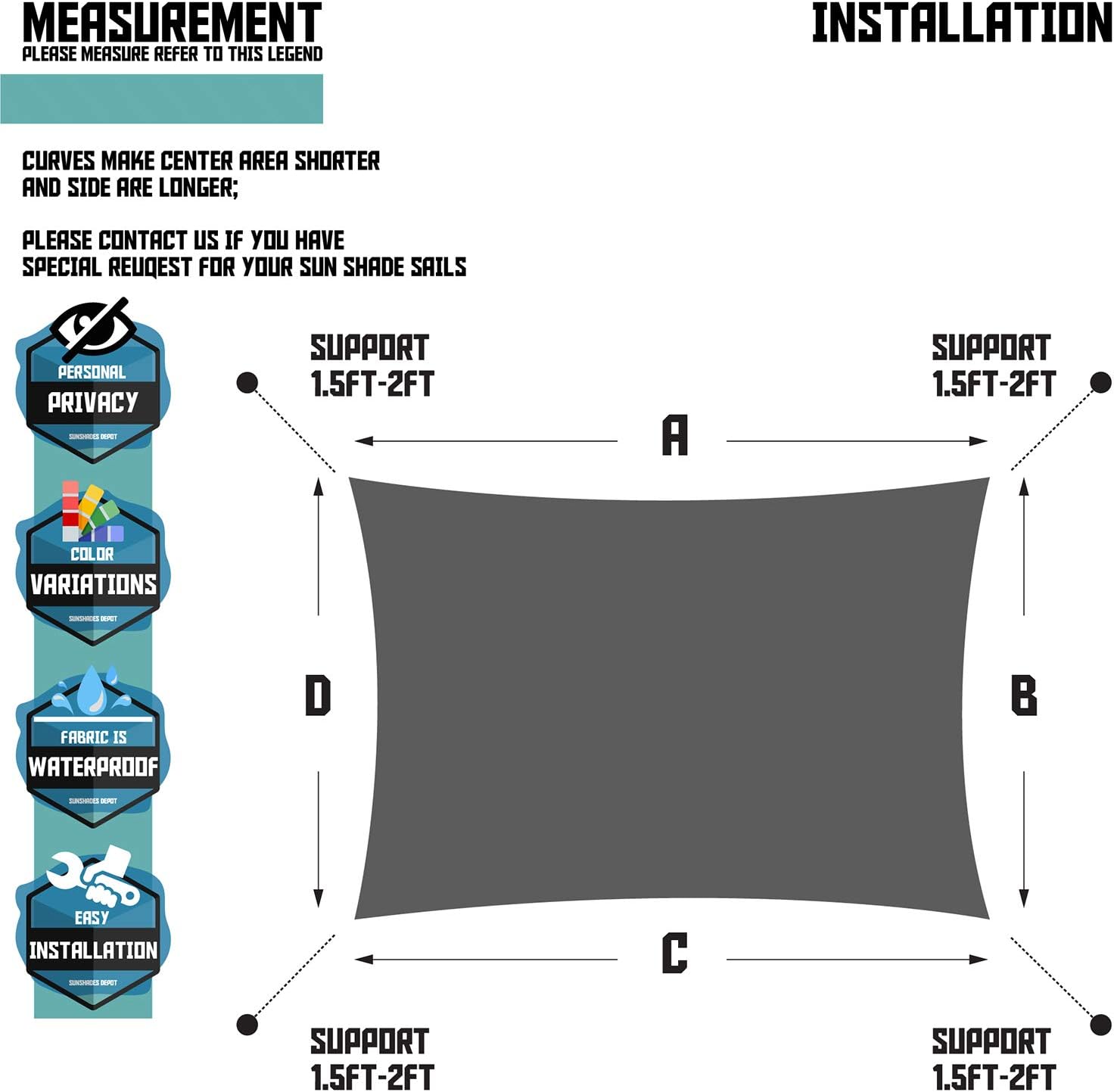 TANG Turquoise Waterproof 260 GSM Custom Sized 10'x10' Ft Curved Edge Sides Sun Shade Sail Terylene Woven Polyester Rustless D-Rings for Patio Awning Garden Pergola or Gazebo