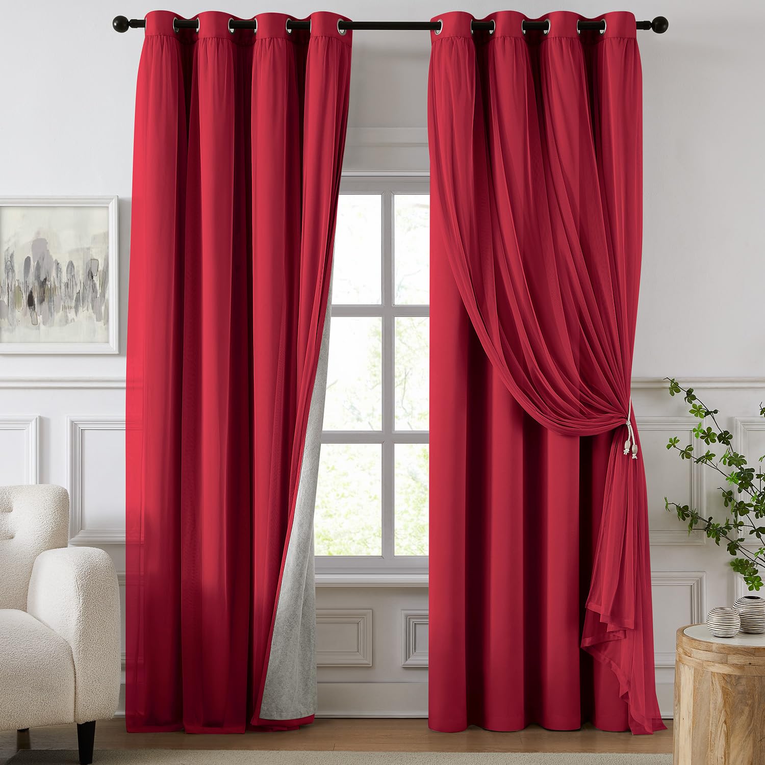 100% Blackout Curtains for Bedroom, Double Layer Red 84" L