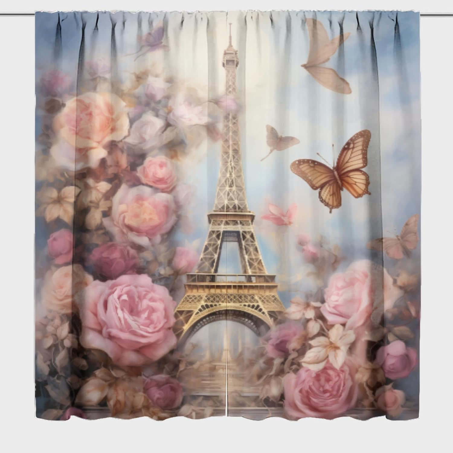 Paris Tower, Blackout Drapes Vintage Floral and France Romance Street Rustic Rod Pocket Light Reducing Curtain Panels for Living Room 63x63 Inch