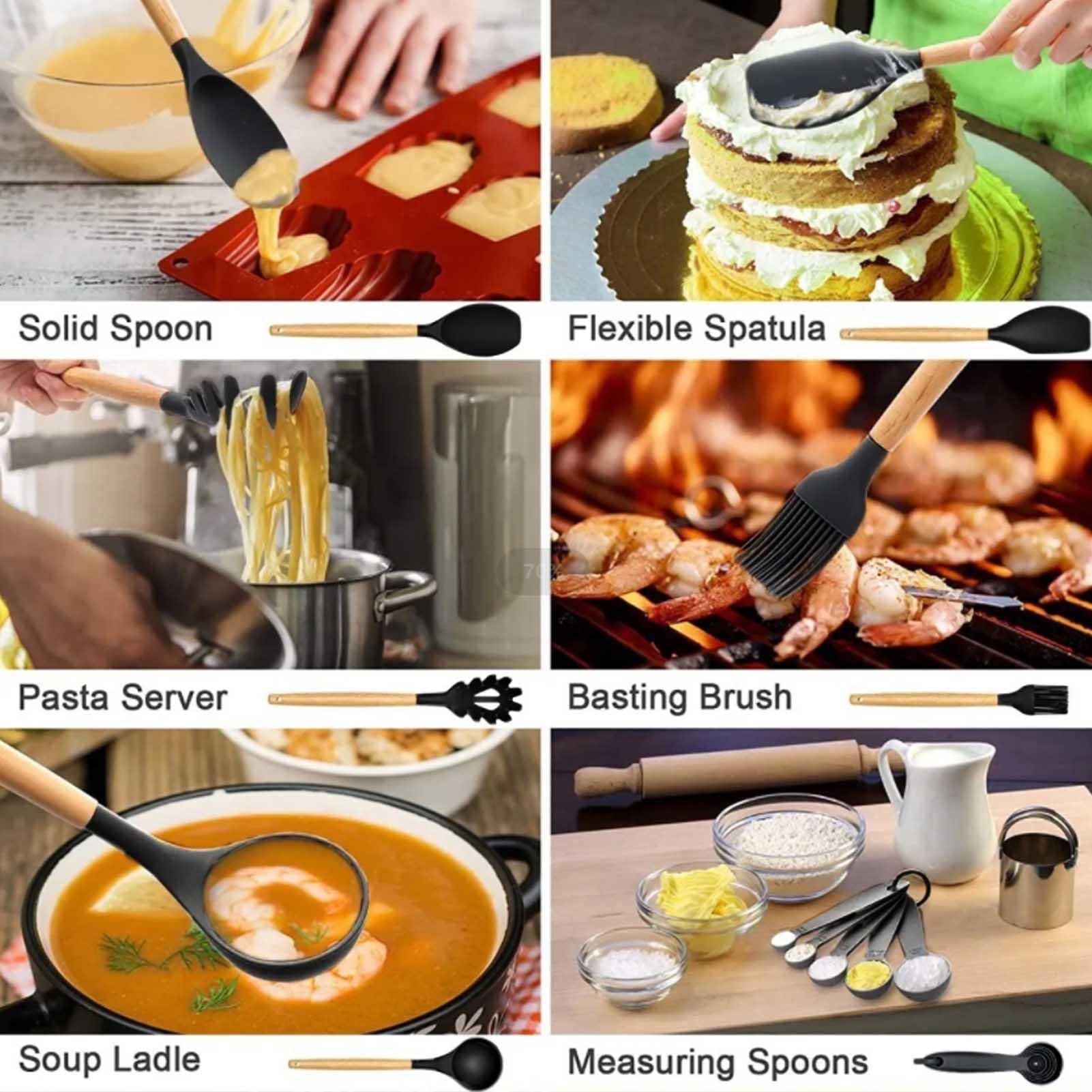 Cucina Silicone | Set da Cucina in Silicone con Manico in Legno | 30 pezzi, silicone antiaderente resistente al calore, set da cucina senza BPA