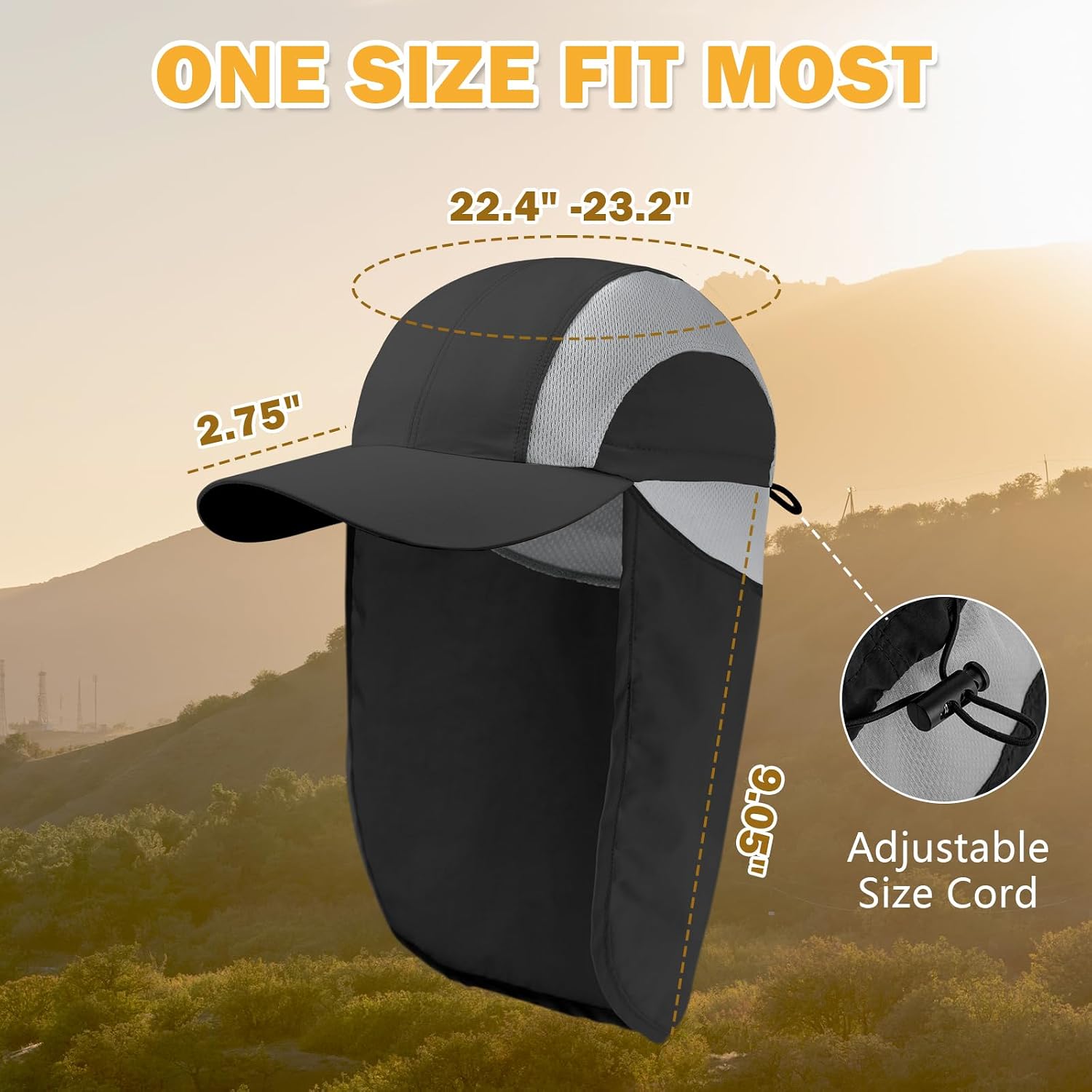 Mens Sun Hat with Breathable Mesh Sun Hats for Men Sun Protection Fishing Hat with Neck Flap for Hiking Cycling Black