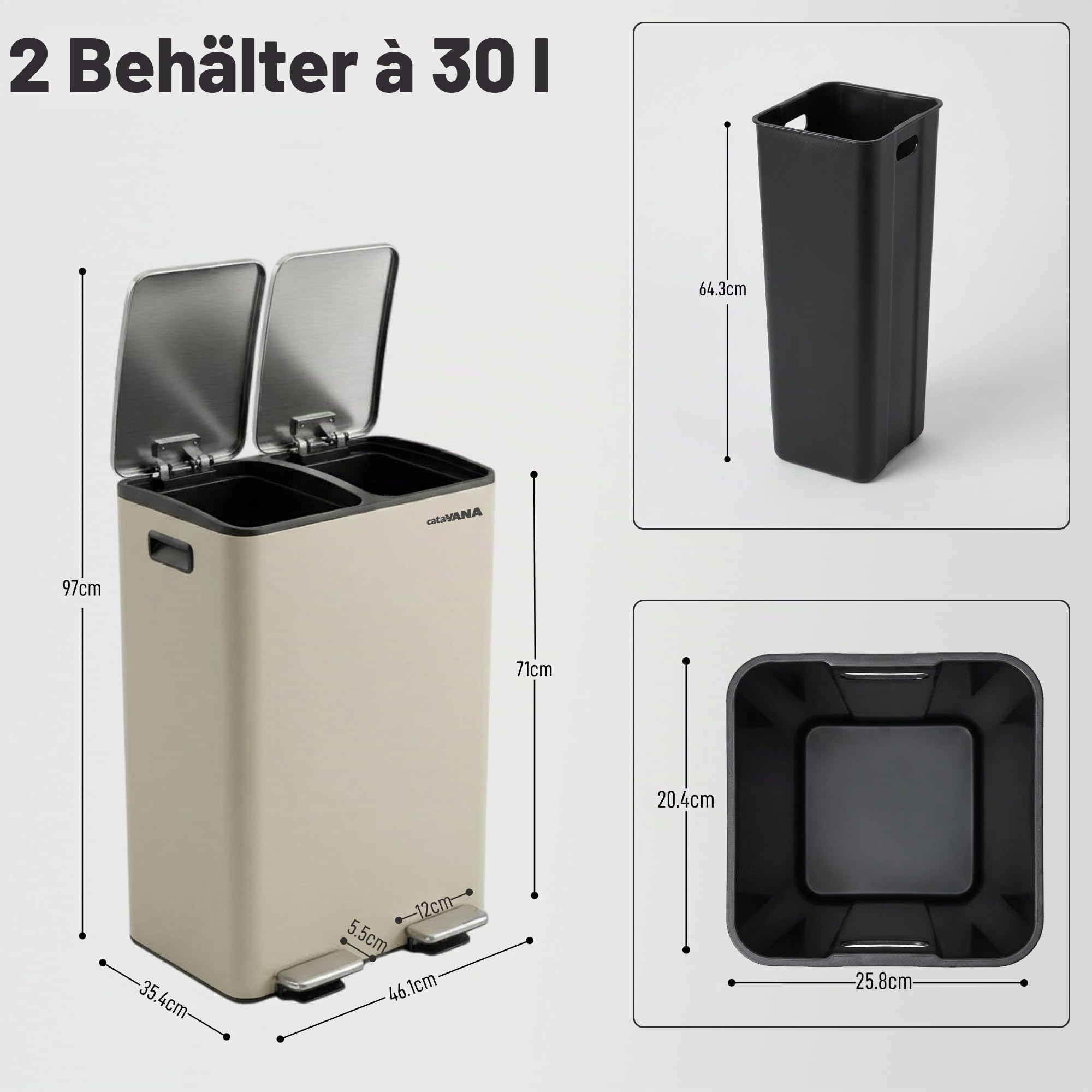 CATAVANA Mülleimer Küche Mülltrennung 2 x 30 Liter - Doppelfach 60 Liter - Moderner Mülleimer für Recycling - Elegantes Design - Beige