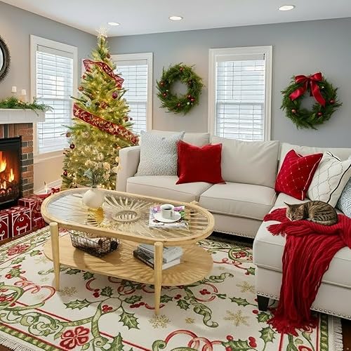 Miniatura 3 de RUSTOWN Mesas de centro de ratán, mesas de cóctel bohemias ovaladas de 2 niveles, mesa de centro moderna de mediados de siglo con tapa de ratán y