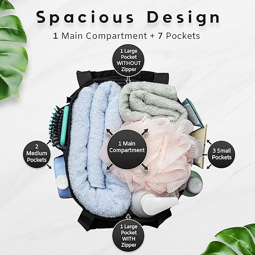 Miniatura 2 de Organizador de ducha de malla para dormitorio, 7 bolsillos y 1 con cremallera, bolsa de ducha con asas acolchadas, portátil de viaje, organizador de