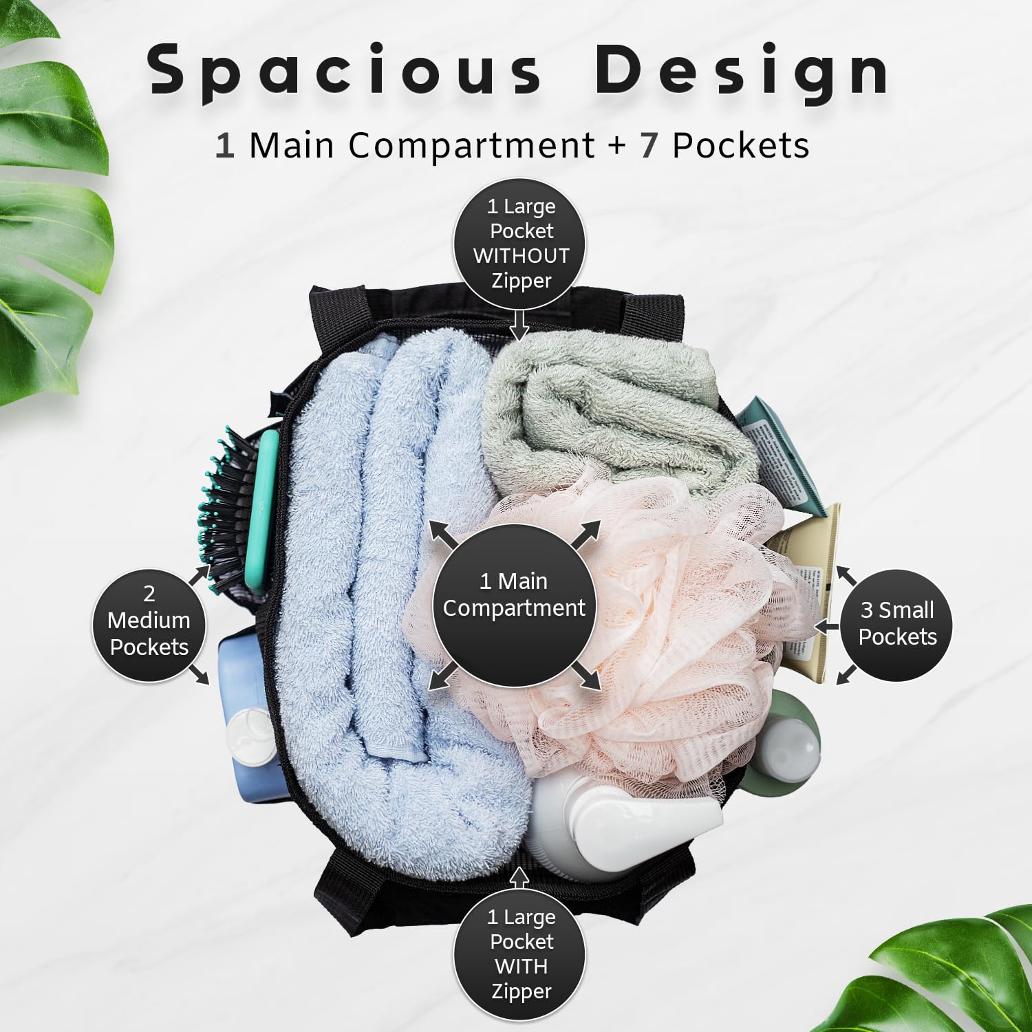 DV Lifestyle Mesh Shower Caddy Dorm, 7 Pockets & 1 with Zipper, Bathroom Tote with Padded Handles, Portable Travel Bath Bag - Image 2